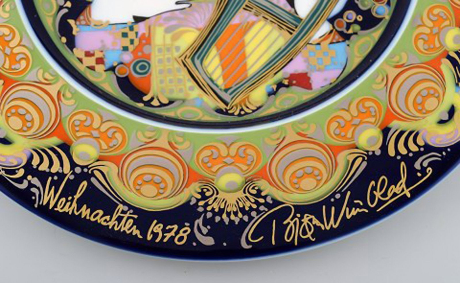 Rare hand painted Rosenthal Bjørn Wiinblad Christmas plate from 1978. "Angel with harp". - 3