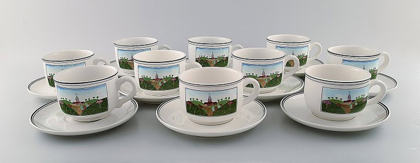 Villeroy & Boch Naif coffee service in porcelain. A set of 10 large cups with saucers decorated with: Brand: Villeroy & Boch Villeroy & Boch Naif coffee service in porcelain. A set of 10 large cups with saucers decorated with naivist village motif. Reserve: $350.00 Shipping: Domestic: Shipping rates