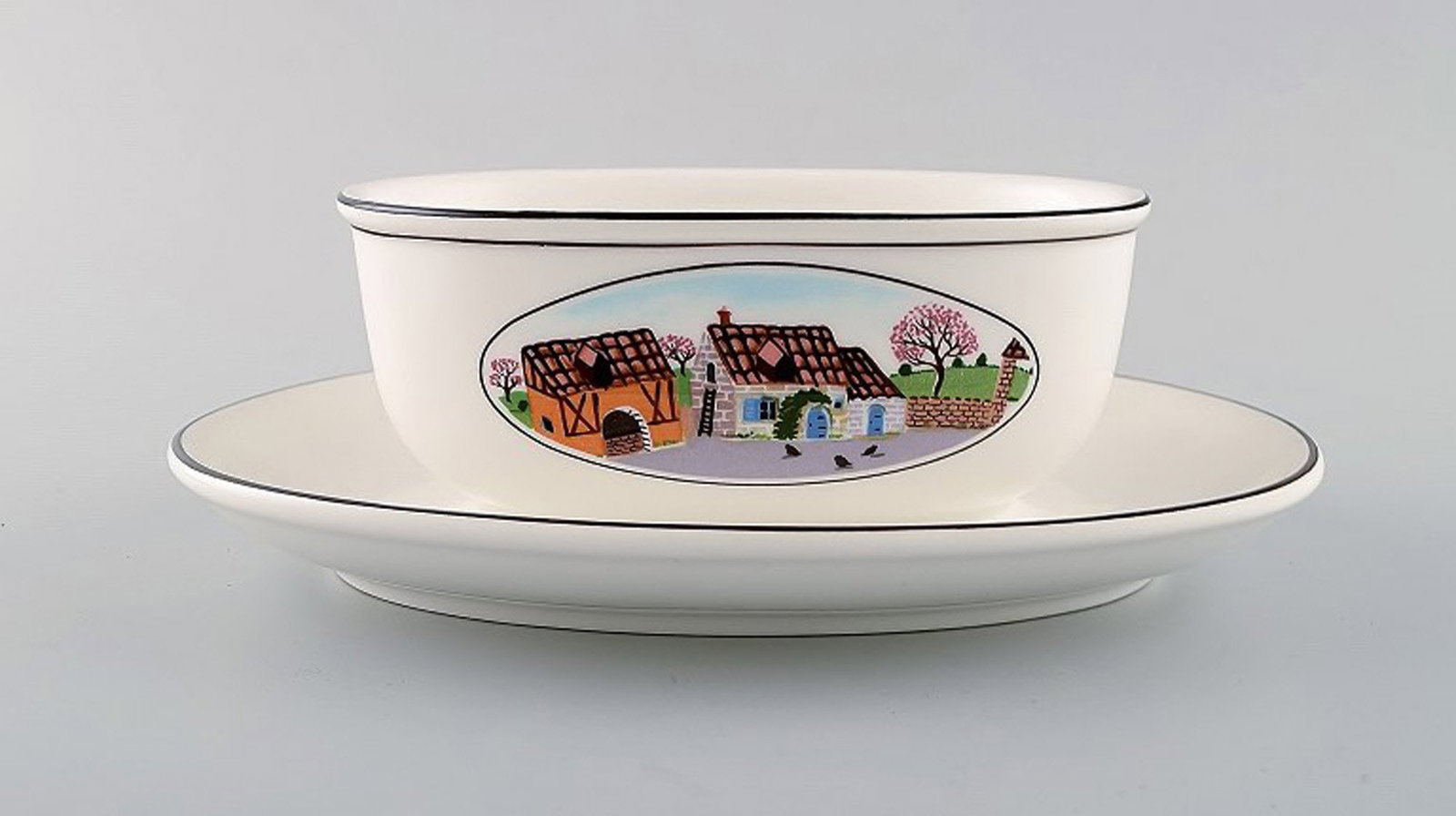 Villeroy & Boch Naif gravy boat on stand in porcelain decorated with naivist village motif.: Brand: Villeroy & Boch Villeroy & Boch Naif gravy boat on stand in porcelain decorated with naivist village motif. Reserve: $119.00 Shipping: Domestic: Shipping rates are determined by destination