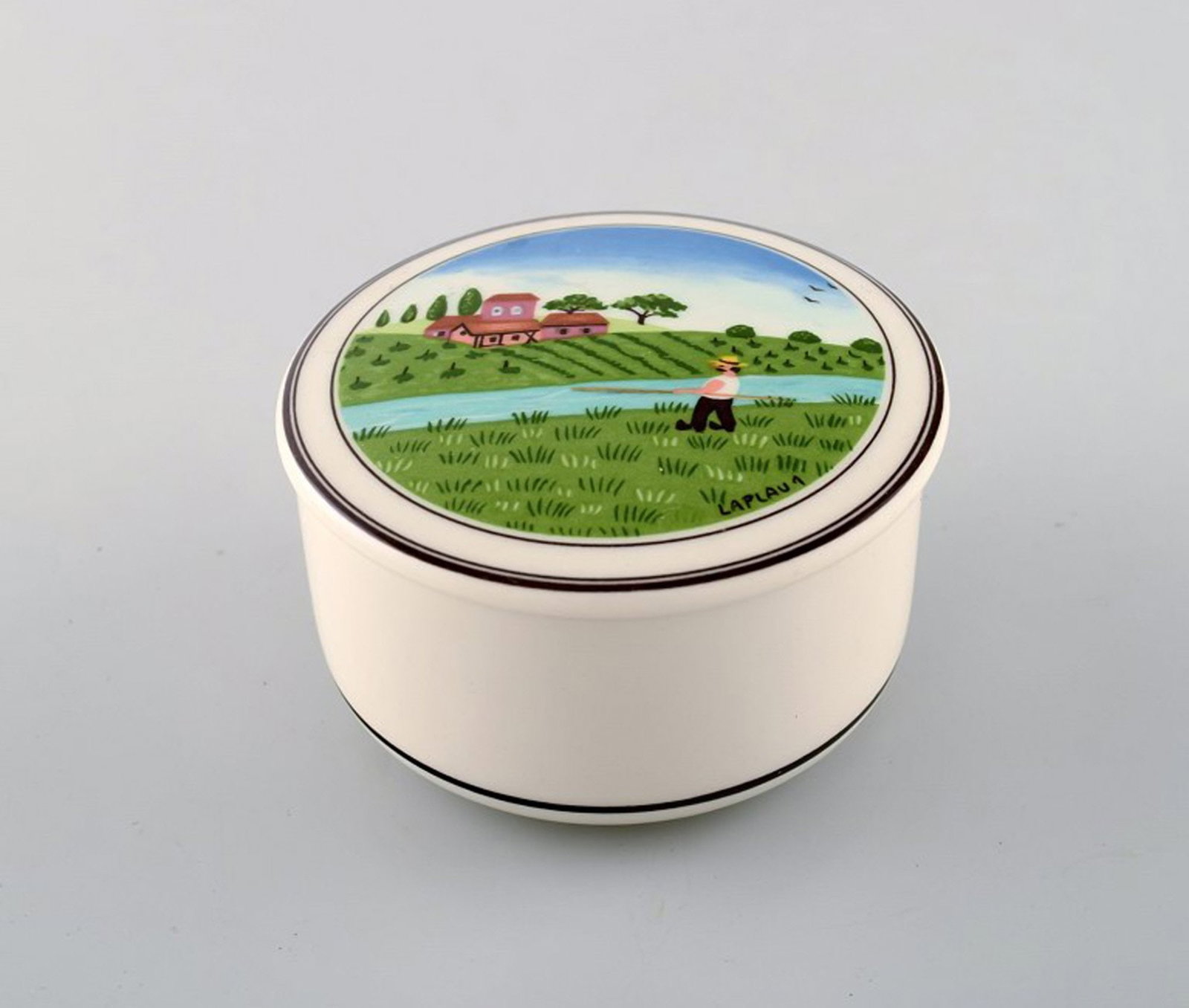 Villeroy & Boch Naif lidded jar in porcelain decorated with naivist village motif.: Brand: Villeroy & Boch Villeroy & Boch Naif lidded jar in porcelain decorated with naivist village motif. Reserve: $49.00 Shipping: Domestic: Shipping rates are determined by destination