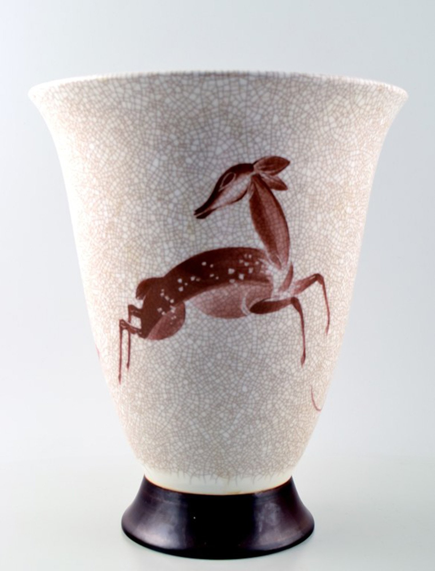 Art deco crackle porcelain vase, B&G, Bing & Grondahl, decorated with a deer.: Brand: Bing & Grøndahl Art deco crackle porcelain vase, B&G, Bing & Grondahl, decorated with a deer. Reserve: $210.00 Shipping: Domestic: Shipping rates are determined by destination