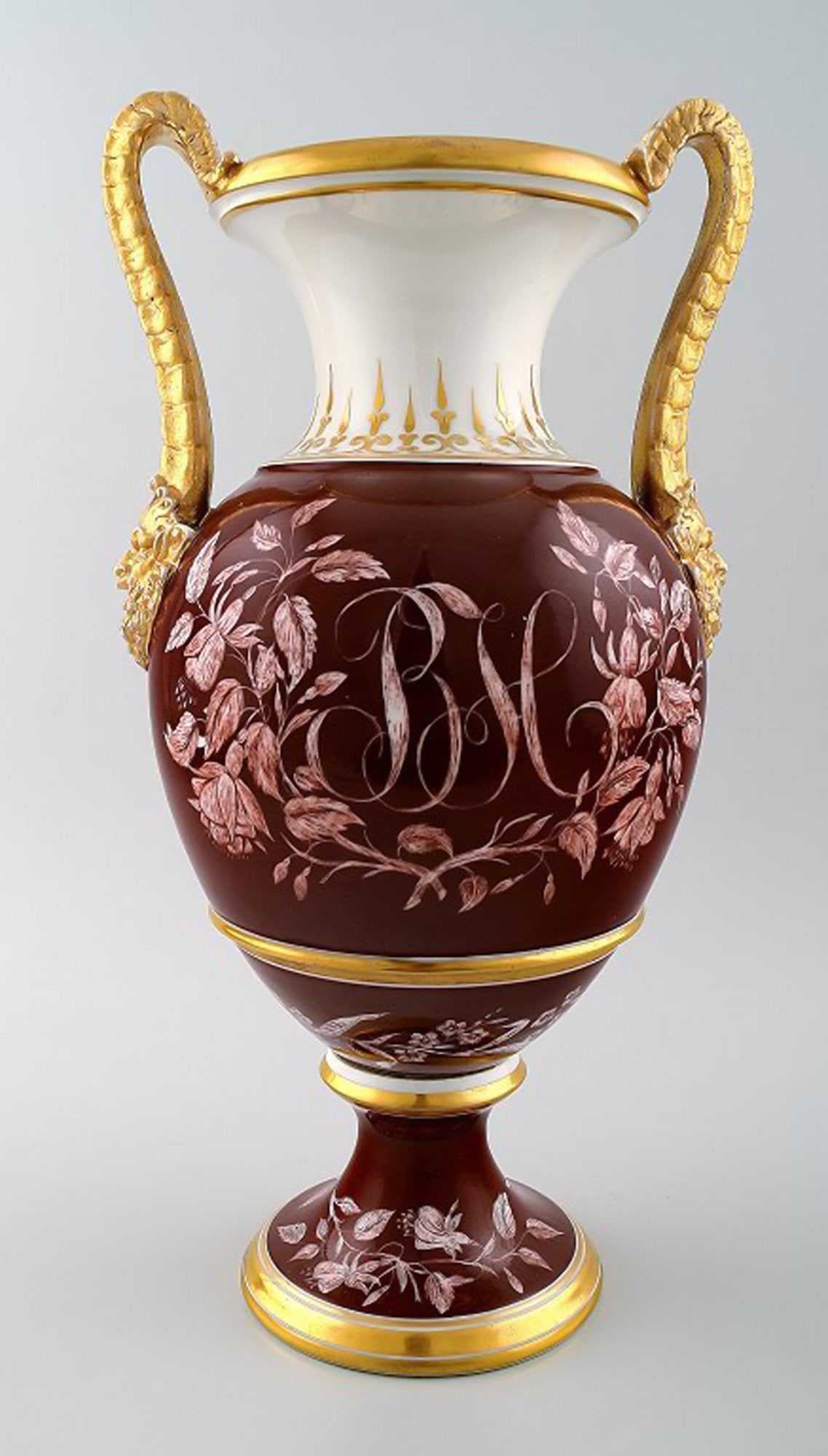 Large antique B&G Bing & Grondahl vase in purple with handles in gold with faun-face. (1 of 7)