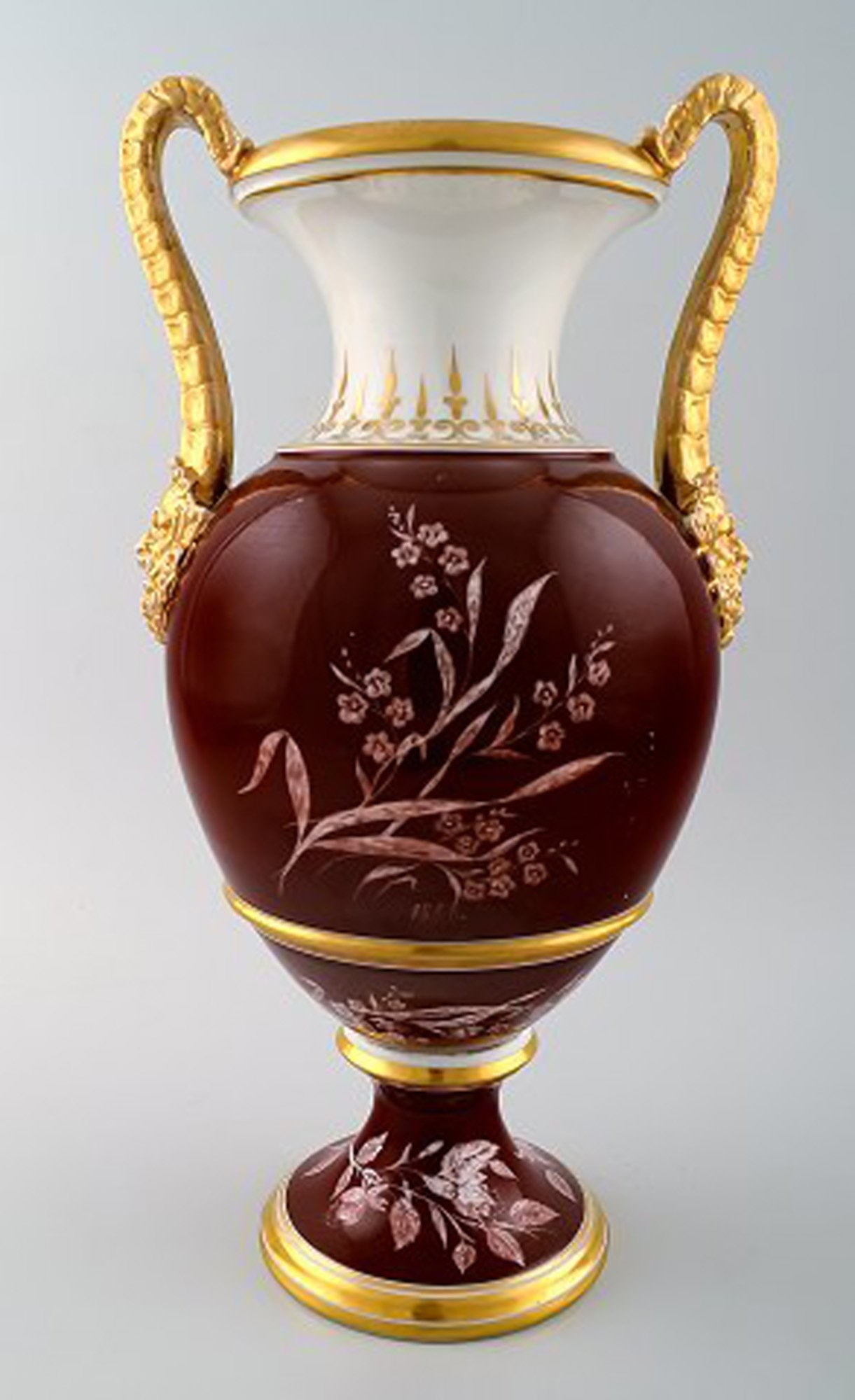 Large antique B&G Bing & Grondahl vase in purple with handles in gold with faun-face. - 2