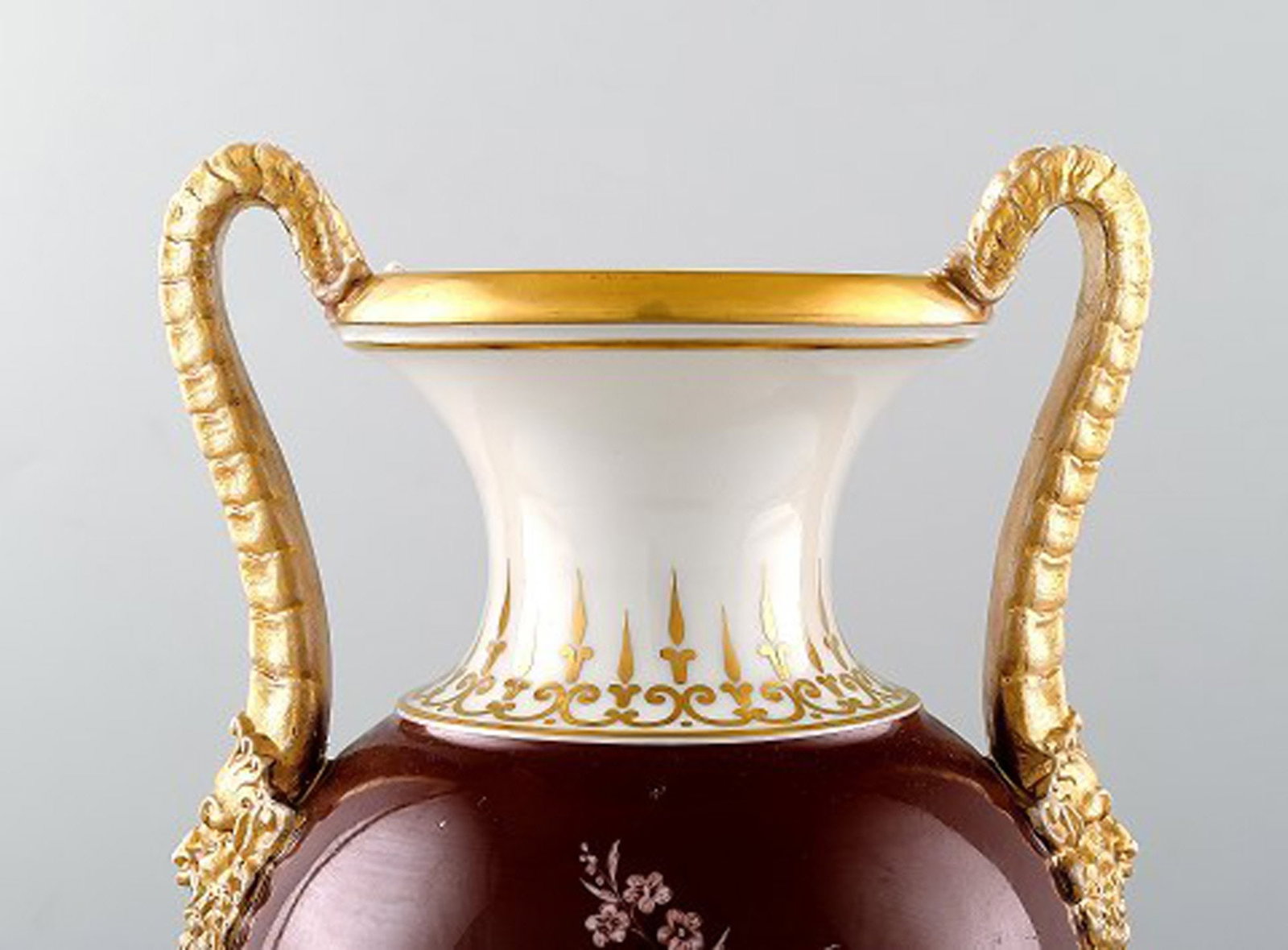 Large antique B&G Bing & Grondahl vase in purple with handles in gold with faun-face. - 3