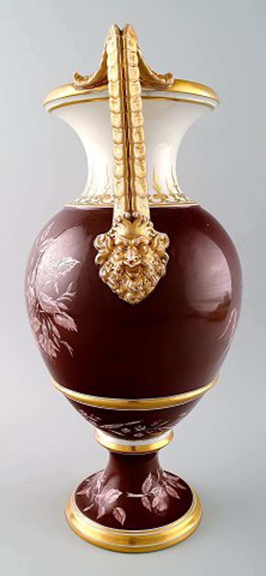 Large antique B&G Bing & Grondahl vase in purple with handles in gold with faun-face. - 6