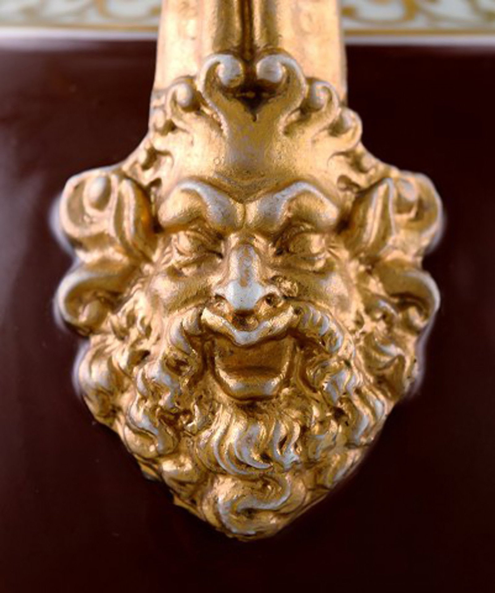 Large antique B&G Bing & Grondahl vase in purple with handles in gold with faun-face. - 7