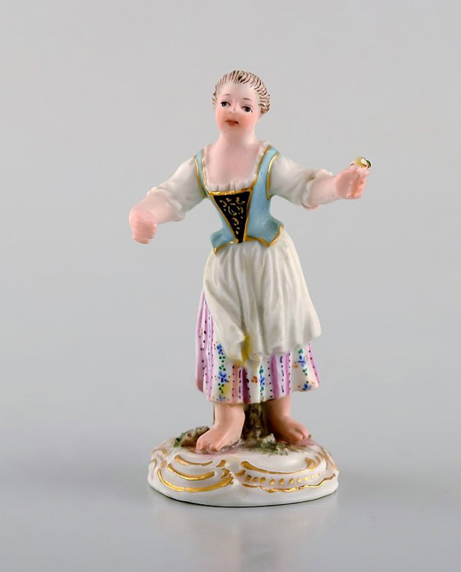 Rare antique Meissen miniature figure after Johann Joachim Kändler in hand-painted porcelain.: Brand: Meissen Rare antique Meissen miniature figure after Johann Joachim Kändler in hand-painted porcelain. Girl with flowers. Dated 1850-80. Model Number 2869. Reserve: $525.00 Shipping: