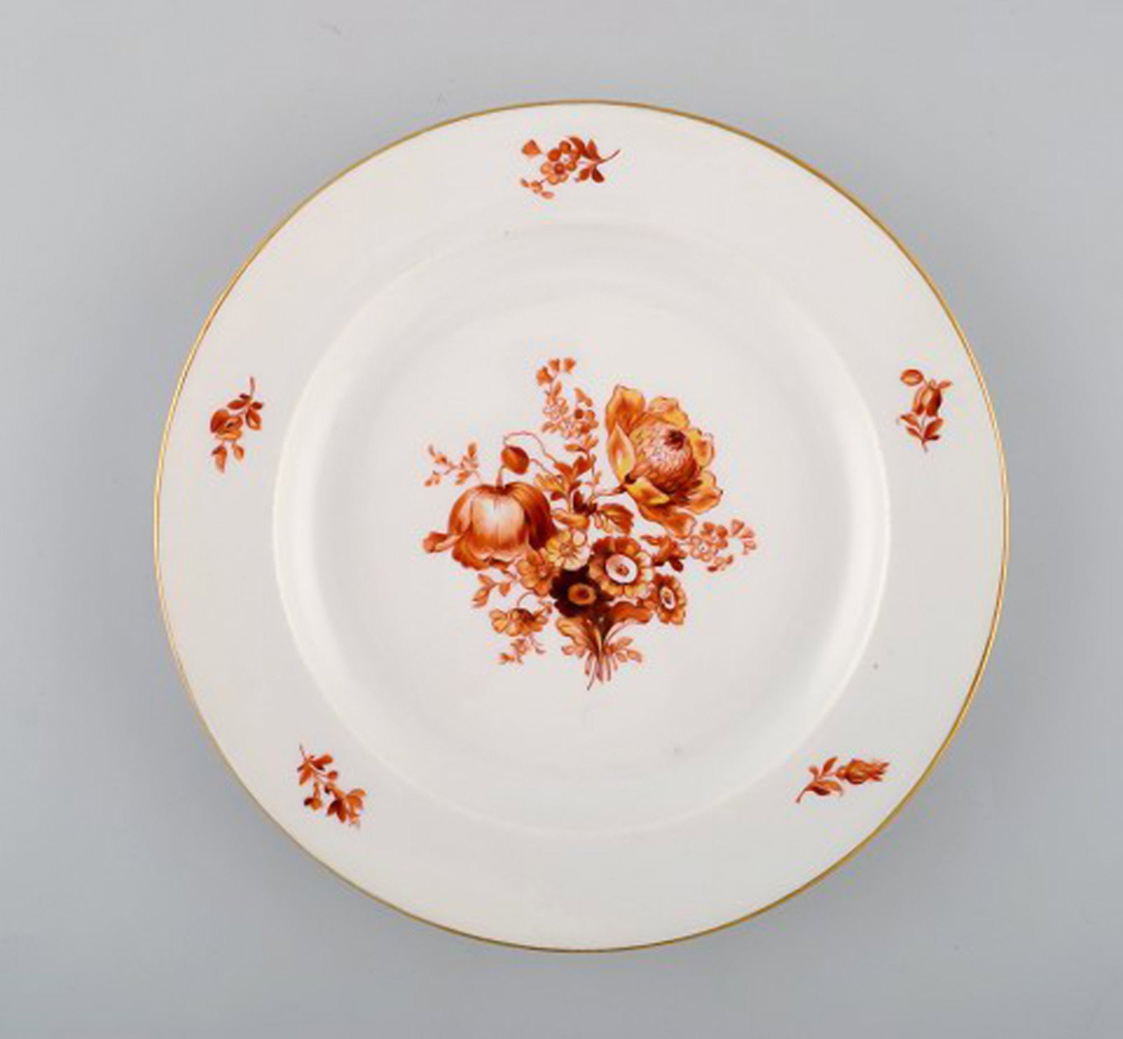 Three antique Meissen porcelain plates with orange hand-painted flowers. Two deep plates and one - 2