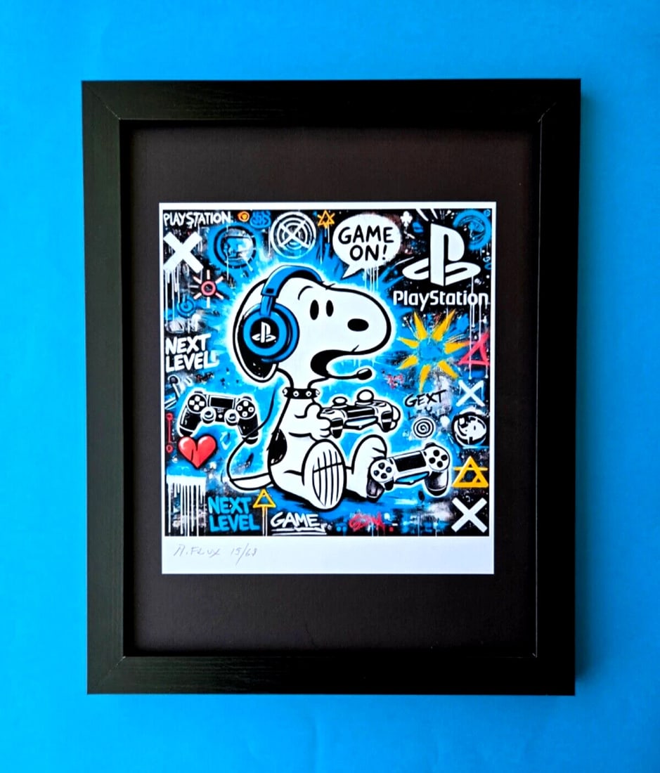 AIDAN FLUX | Hand Signed Print Framed LtdEd of 69 COA SNOOPY PLAYSTATION GAMER: This is a Stunning and Scarce 100% Authentic New Print by Aidan Flux AIDAN Flux represents a new wave of artists who embrace technology as a partner in creation, crafting works that resonate with the 
