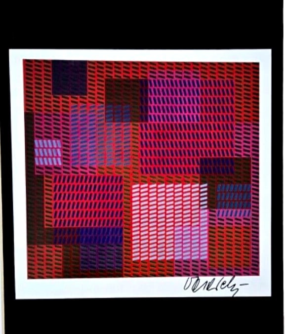 VICTOR VASARELY PRINT FROM 1970 + SIGNED GEOMETRIC ABSTRACT +NEW FRAME 14x11in! - 2