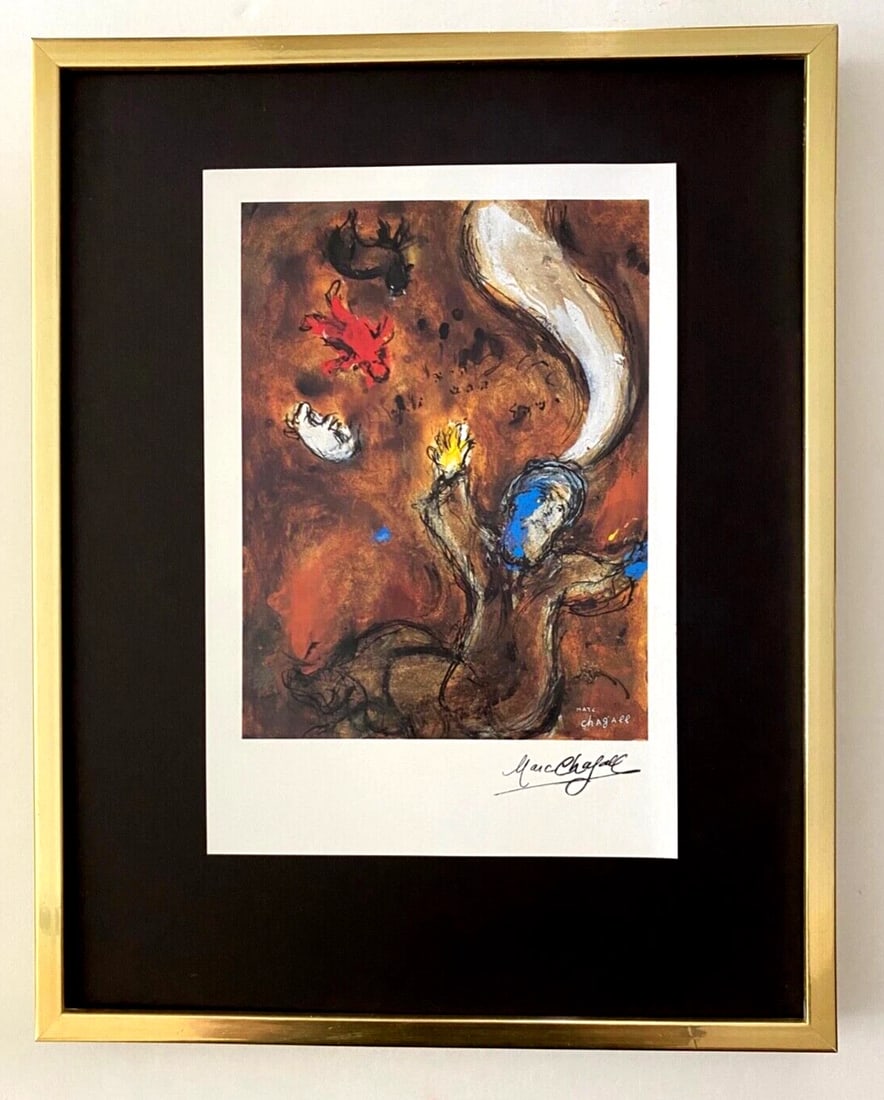 MARC CHAGALL | VINTAGE 1985 | SIGNED PRINT OF THE BIBLE | MOUNTED AND FRAMED: Facsimile Signature in Ink Art Print is about 8 X 6 in. This piece is mounted on a 11 x 14 in. black acid free premium black board. Framed covers an area of 15x12in. Reserve: $120.00 Shipping: Domesti
