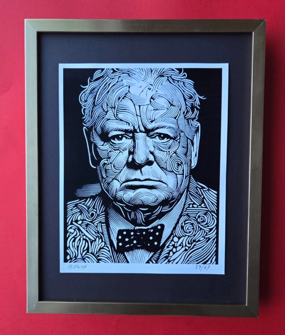 AIDAN FLUX | Hand Signed Authentic Print Framed WINSTON CHURCHILL UK COA: This is a one-of-a-kind Hand Signed Authentic Giclee by AIDAN FLUX. From his Series "World Icons" The artist has created a stunning piece of art that features a powerful message about empowerment. The