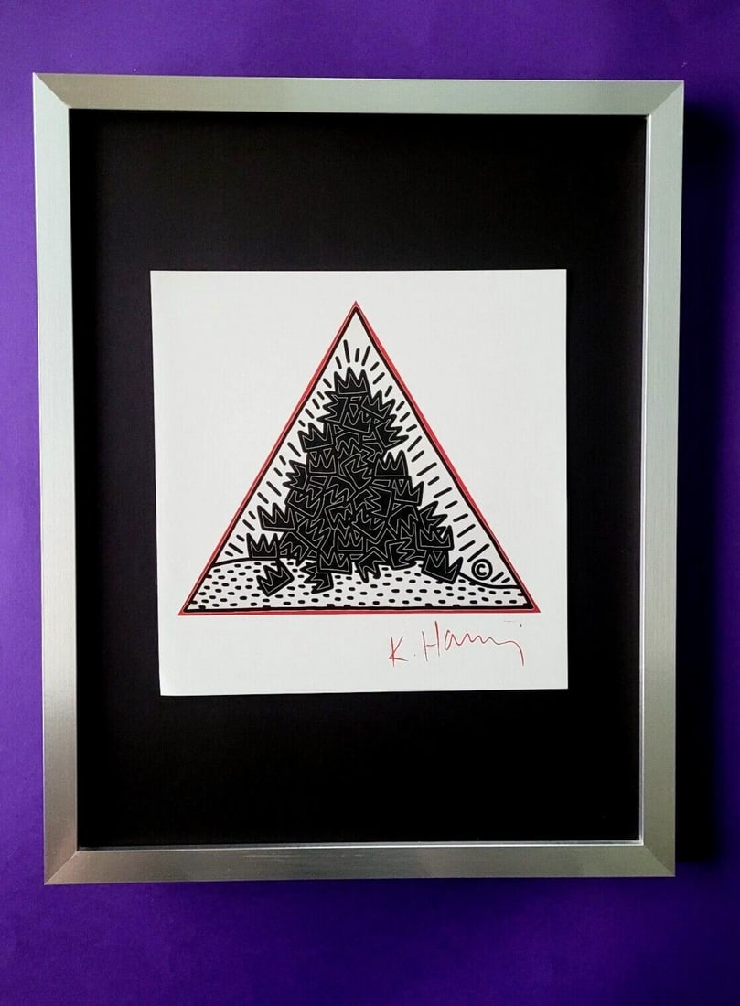 Keith Haring | Vintage Print Signed | Mounted & Framed in Silver: Vintage 1989 Offset Lithograph after Keith Haring Facsimile Signed Art Print is about 8 X 8 in. This piece is mounted on a 11 x 14 in. black acid free black board. Framed in White covering an area of 