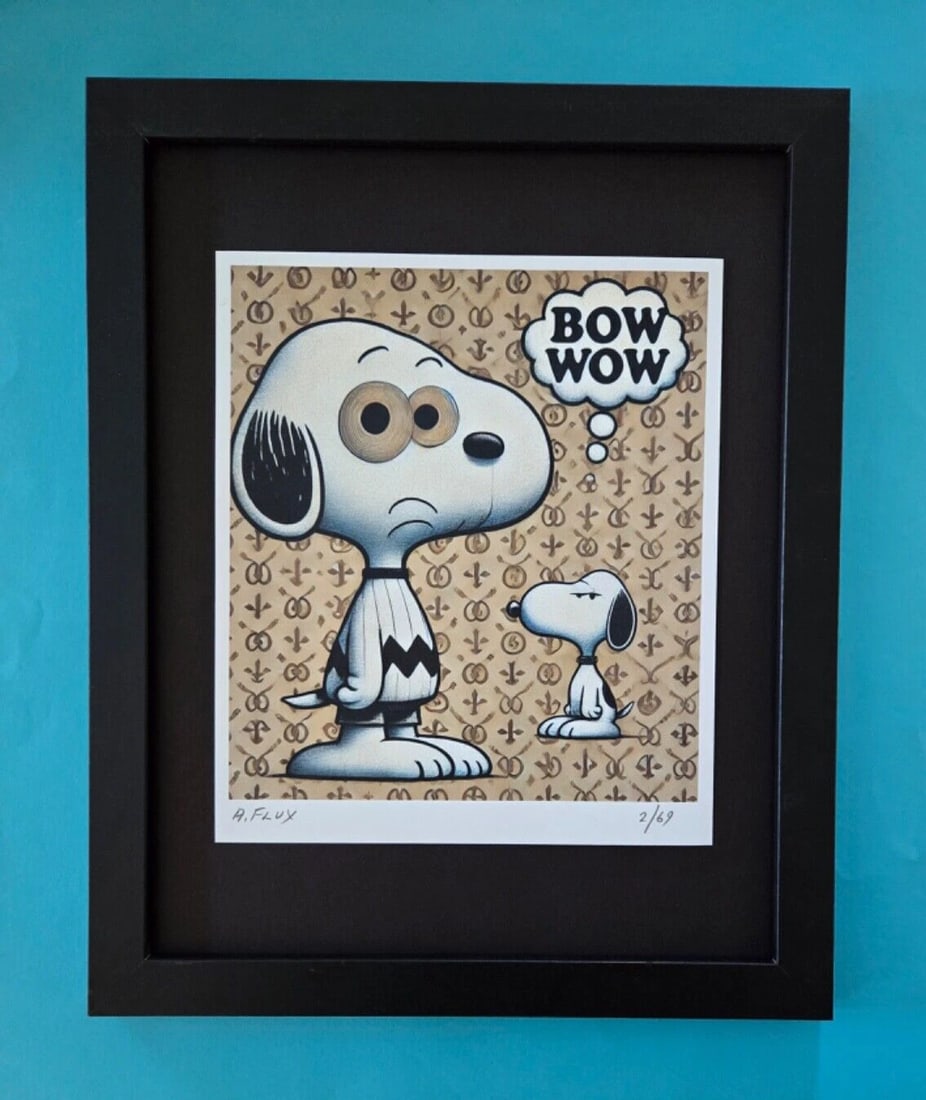 AIDAN FLUX Hand Signed Authentic Print 14x11in. Framed Snoopy Bow Wow Sad| COA: This is a one-of-a-kind Hand Signed Authentic Giclee by AIDAN FLUX. From his Series "American Icons" The artist has created a stunning piece of art that features a powerful message about women's empow