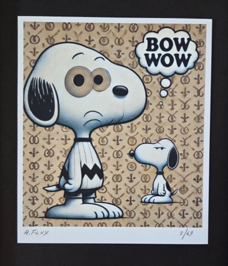 AIDAN FLUX Hand Signed Authentic Print 14x11in. Framed Snoopy Bow Wow Sad| COA - 3