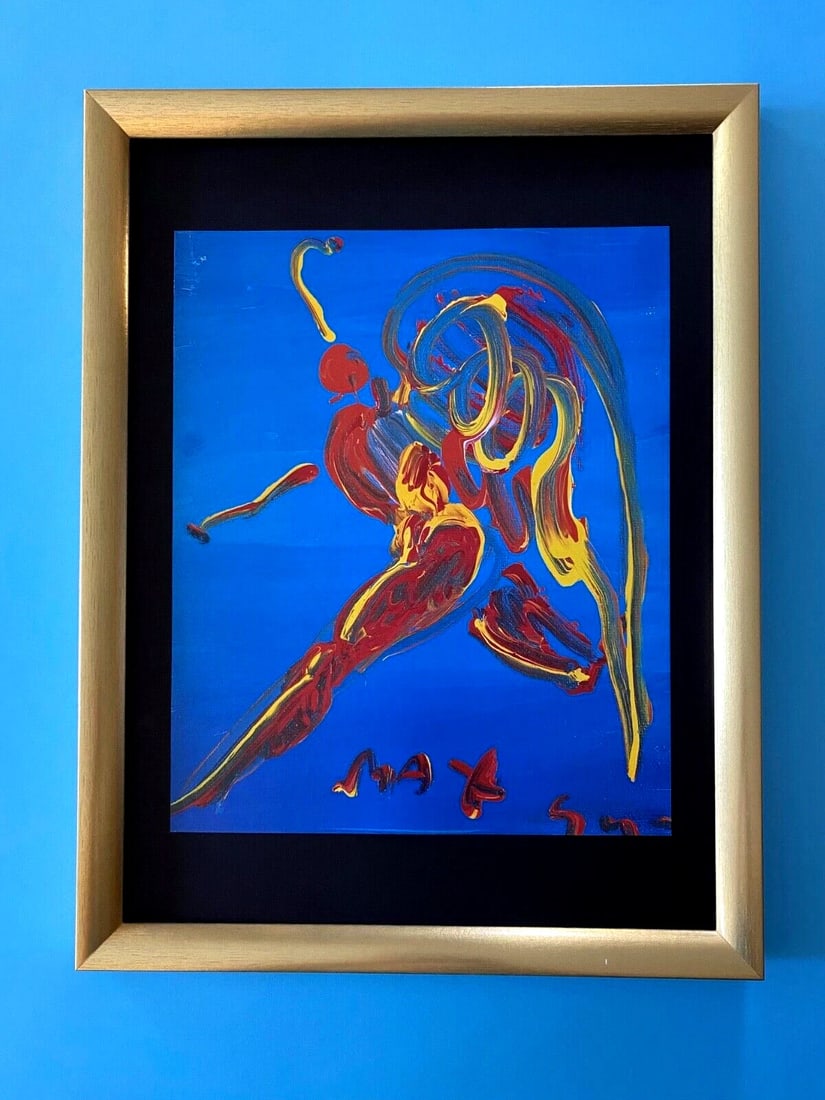 Peter Max | Angel Vintage Print Signed | Framed Large 16x12in. Gold Pop Art!: Vintage 2001 Offset Lithograph after Peter Max Signed on the Plate Art Print is about 12 X 10 in. This piece is mounted on a 16 x 12 in. black acid free black board. Framed in New Golden covering an a