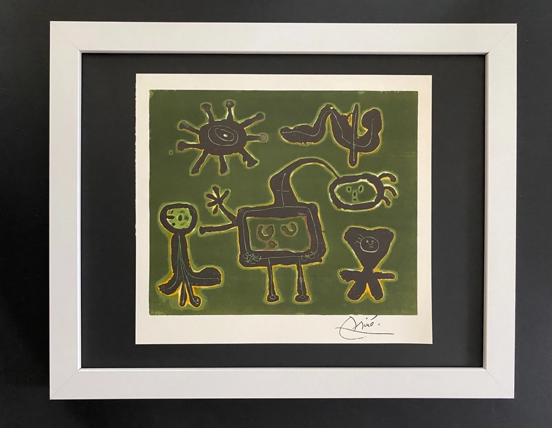 Joan Miro | Vintage 1958 Signed | Mounted & Framed Offset Lithograph: Vintage 1958 Offset Lithograph JOAN MIRO Facsimile Signature in ink. This piece is Mounted and framed in a New Frame 11x14. This is an Original Vintage 1958 Print. Reserve: $120.00 Shipping: Domestic: