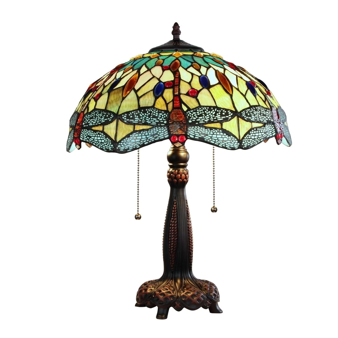 21" Stained Glass Dragonfly Table Lamp: 20.67" Tall x 16" wide Nice modern reproduction dragonfly stained glass table lamp. All cut glass copper foil soldered shade. The base resembling a tree is made to look like antique bronze. It has 2 p
