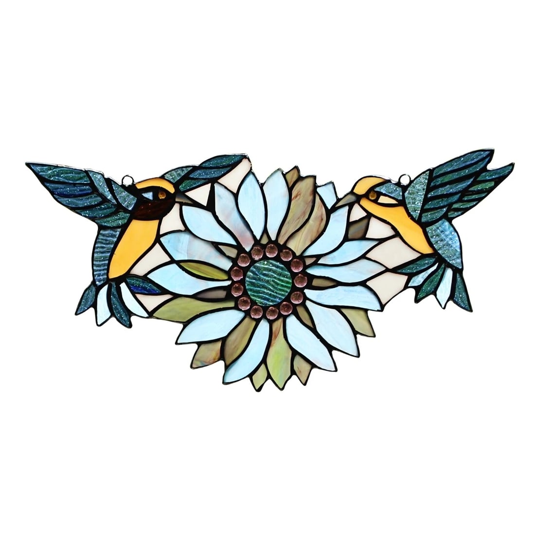 17" Stained Glass Humming Bird Suncatcher Window Panel: 17" Wide 7.87" Tall Nice reproduction stained glass hanging suncatcher. All cut glass and glass bead assembled using the copper foil and solder method. All handmade with individual glass pieces. The t