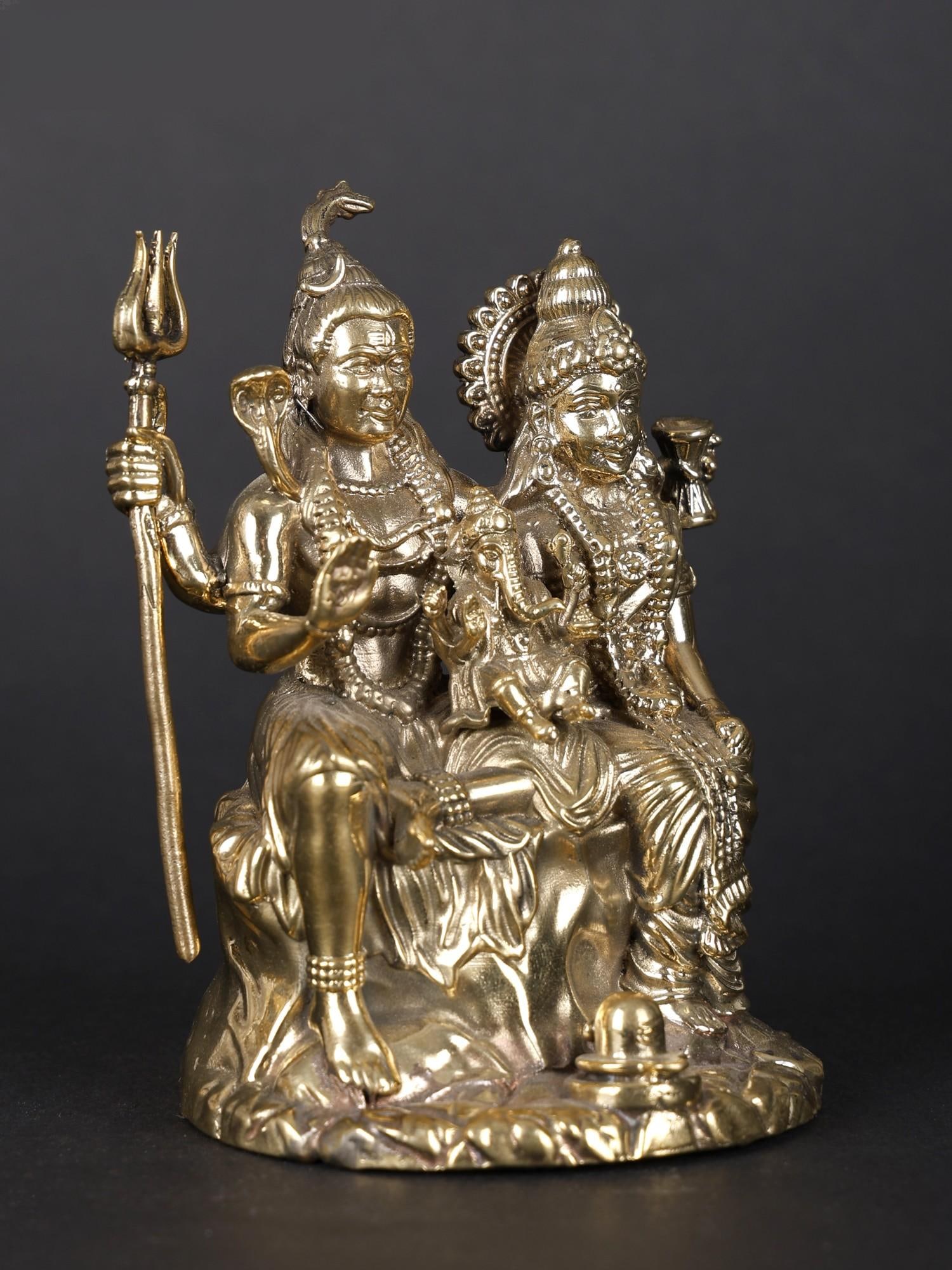 Small Lord Shiva and Parvati with Little Ganesha | Multiple Sizes Brass Statue - 2