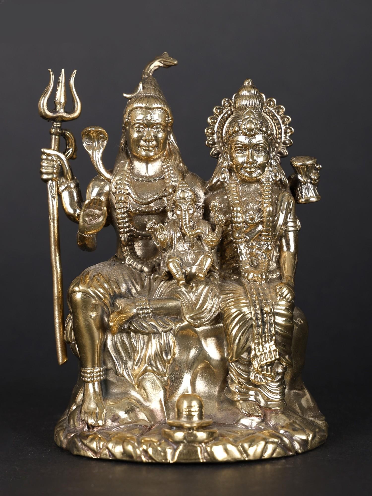 Small Lord Shiva and Parvati with Little Ganesha | Multiple Sizes Brass Statue: Title: Small Lord Shiva and Parvati with Little Ganesha | Multiple Sizes Brass Statue Description: Shiva Parivar is the ultimate form of familial bond and is looked upon by many families as the ideal 