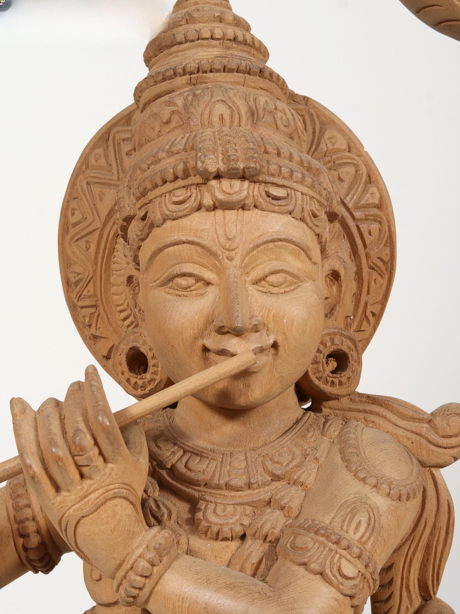36" Large Fluting Krishna | Wood Statue and Wall Hanging - 2