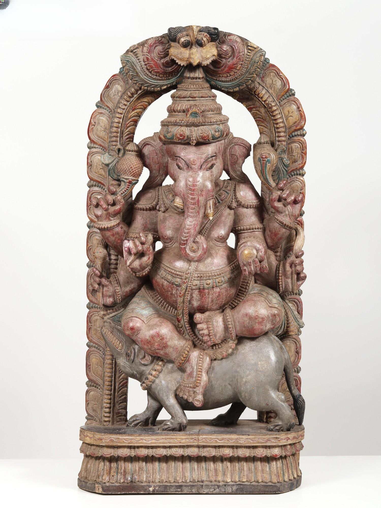 36" Large Six-Armed Lord Ganesha Seated on Mushak | Wall Hanging Statue (1 of 2)