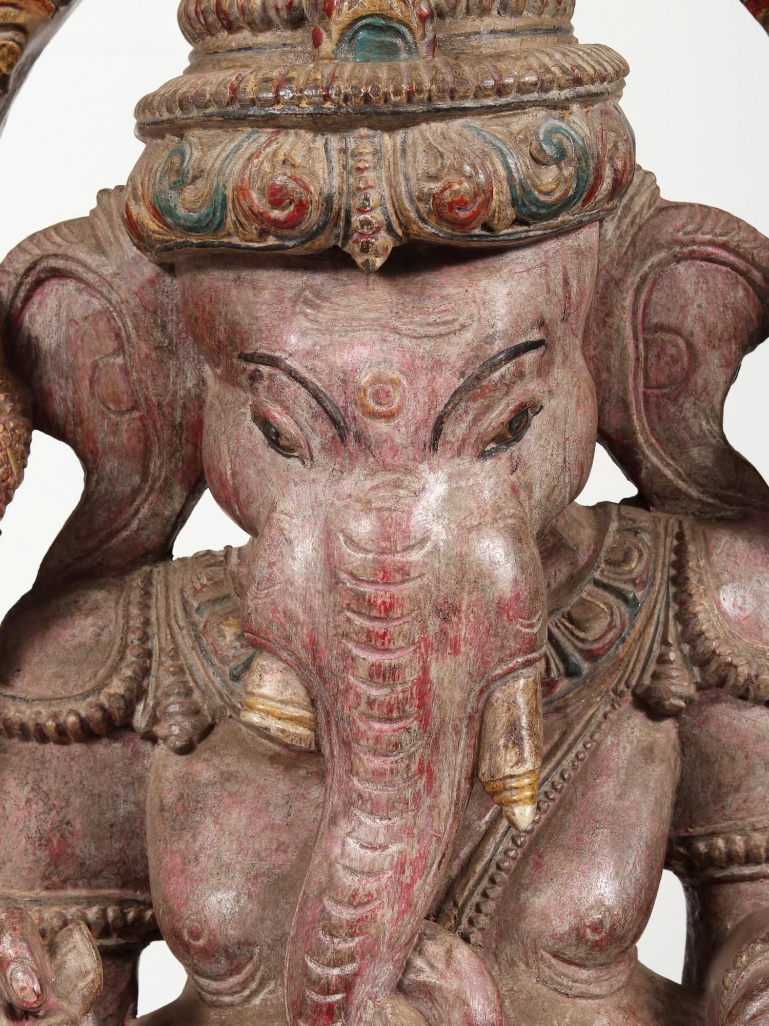 36" Large Six-Armed Lord Ganesha Seated on Mushak | Wall Hanging Statue - 2