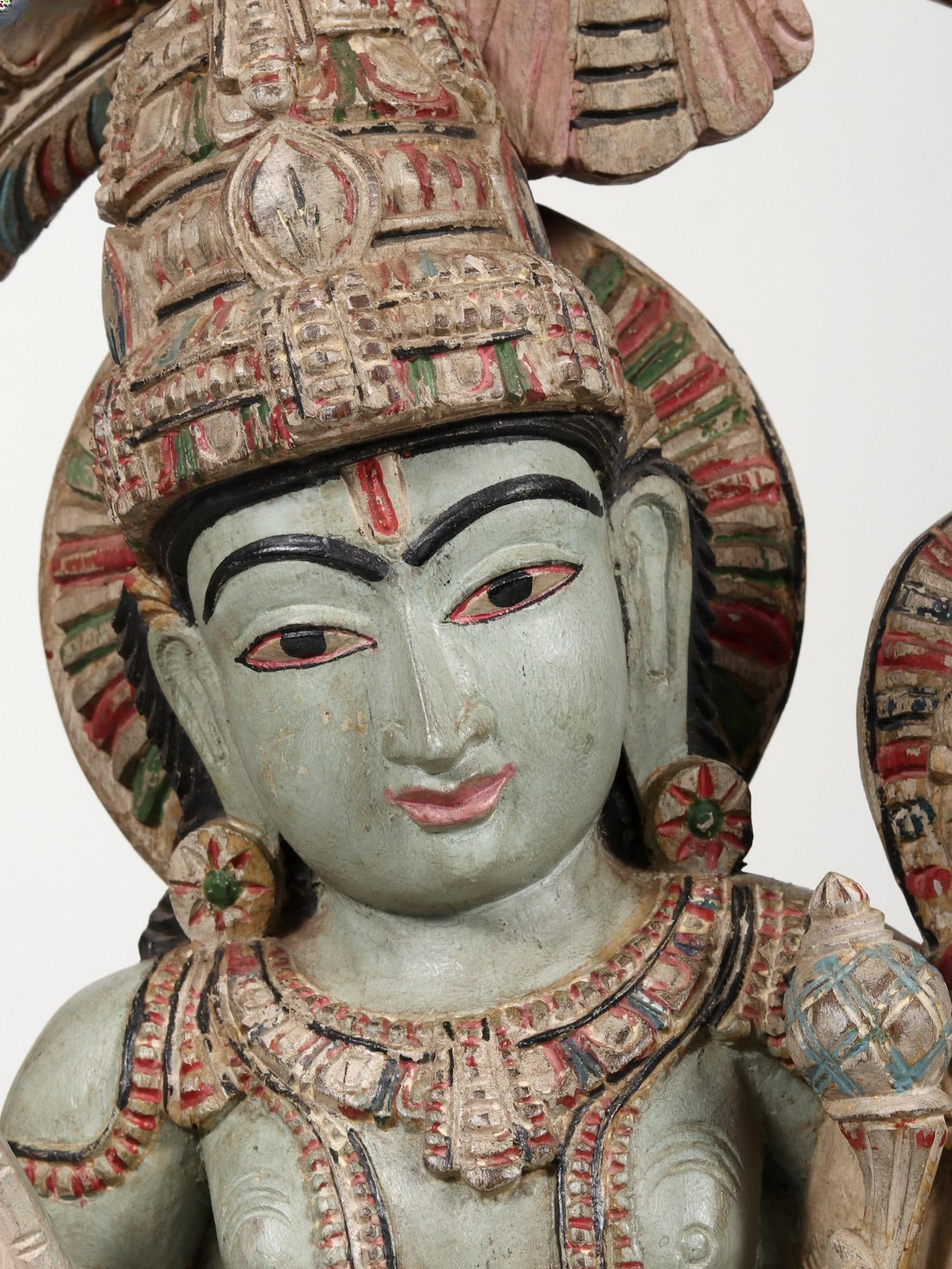 36" Lord Vishnu With Goddess Lakshmi | Wood Statue and Wall Hanging - 2