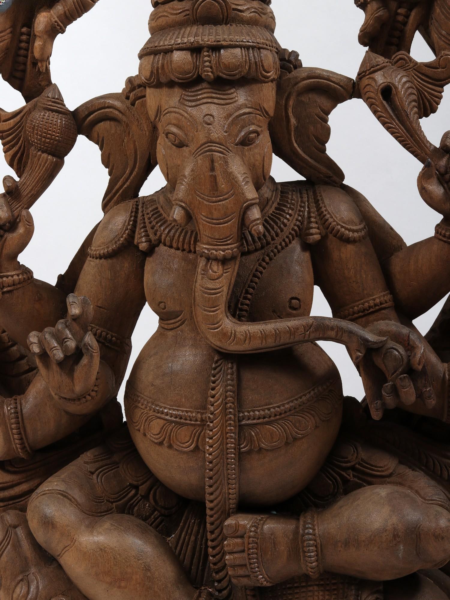 48" Lord Ganesha Seated on Rat with Kirtimukha Throne | Wood Carved Statue - 2