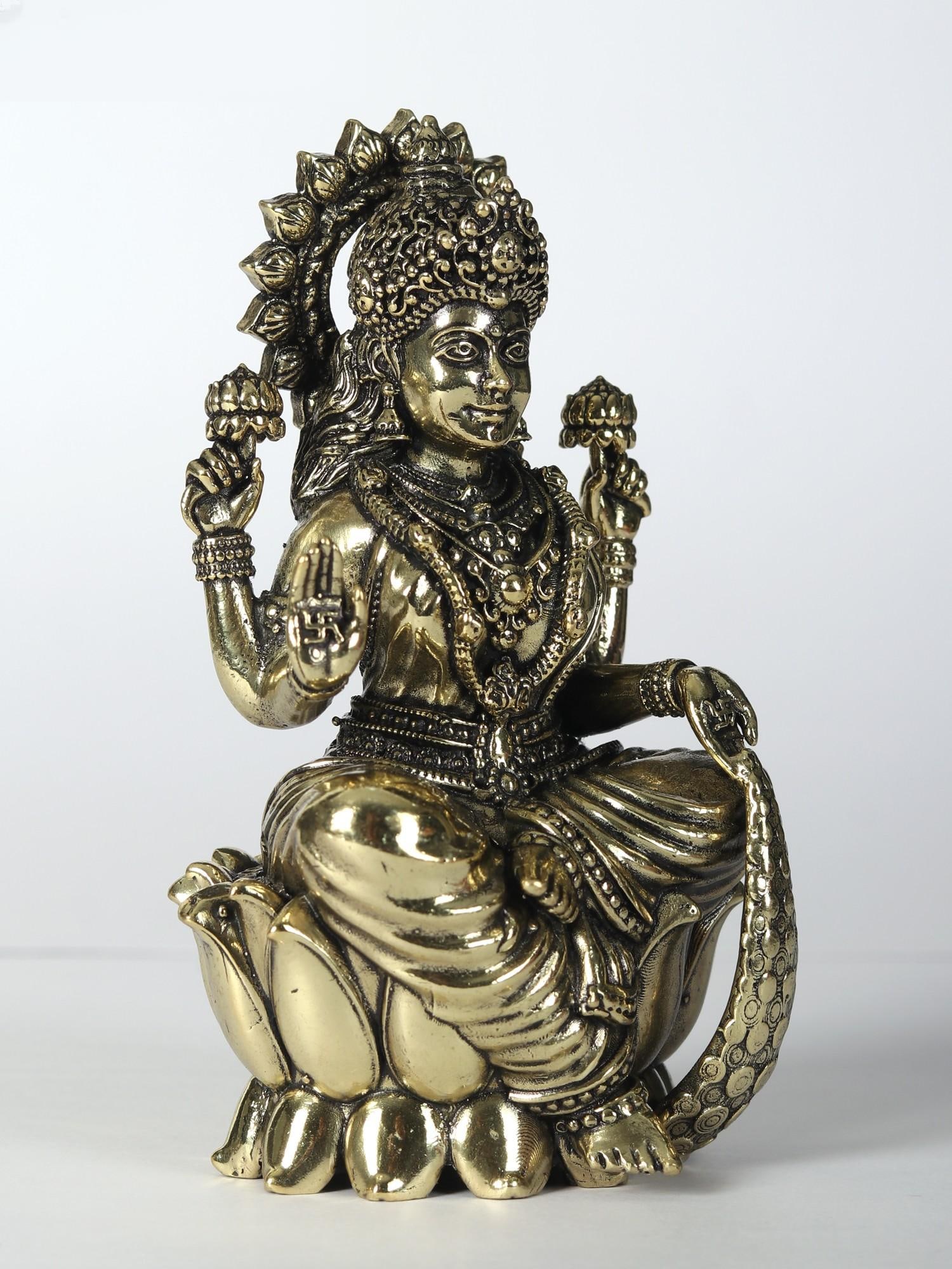 Small Brass Statue of Superfine Goddess Lakshmi Seated on Lotus | Multiple Sizes - 2