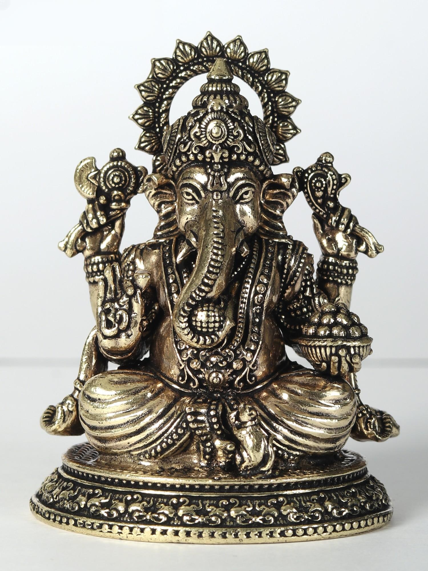 Small Chaturbhuja Lord Ganesha Statue with Laddu | Superfine Brass Idol: Title: Small Chaturbhuja Lord Ganesha Statue with Laddu | Superfine Brass Idol Description: Enthroned on an ornate pedestal, Chaturbhuja Lord Ganesha, the bestower of boons, captivates the beholder