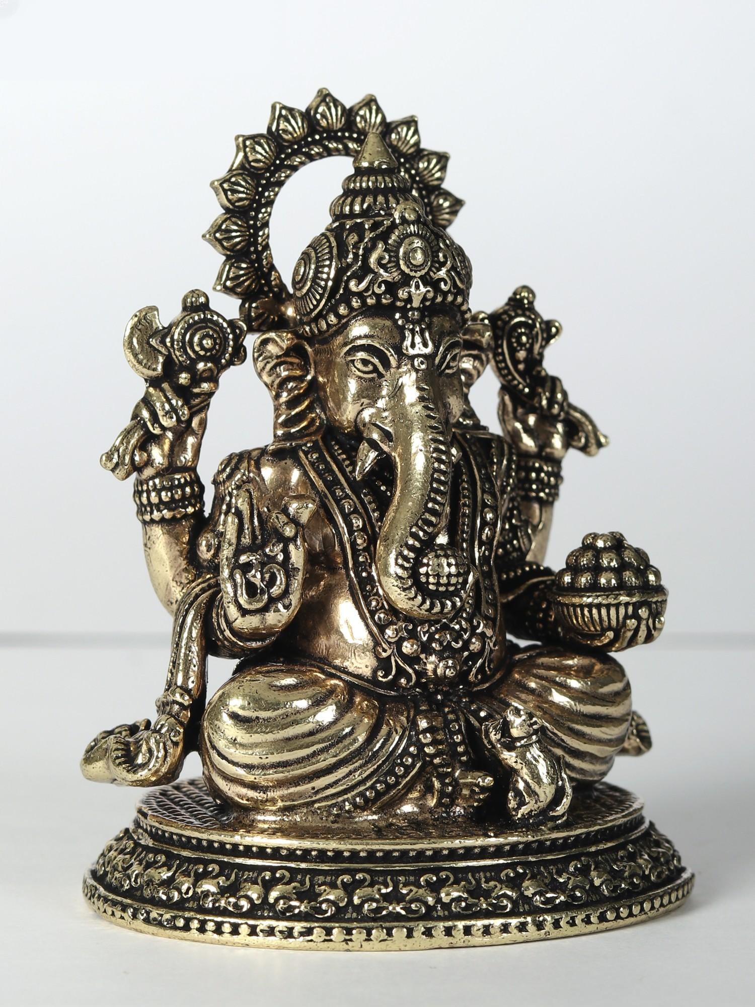 Small Chaturbhuja Lord Ganesha Statue with Laddu | Superfine Brass Idol - 2
