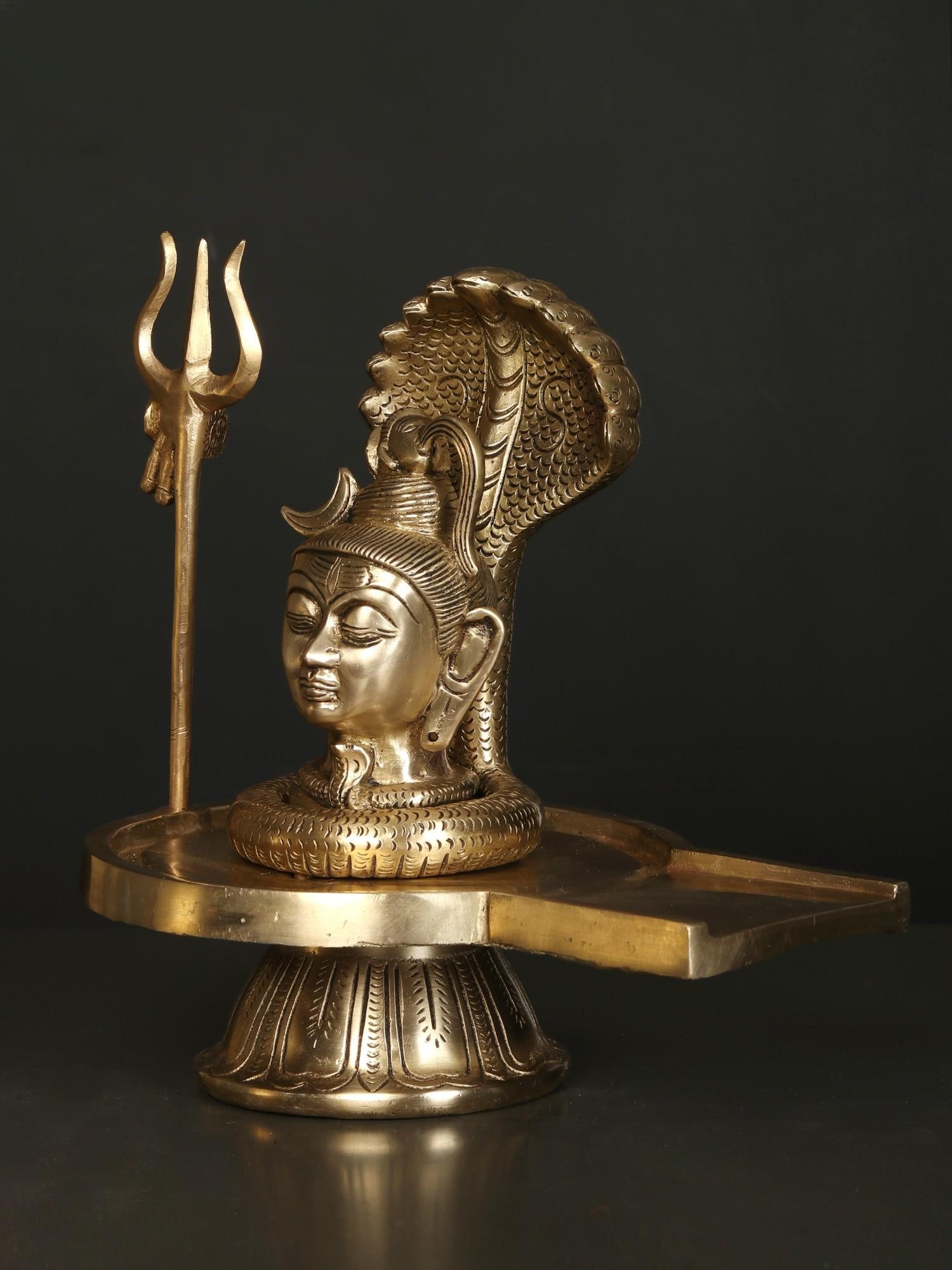 11" Brass Shiva Head Shivalinga with Vasuki Naag and Trident - 2