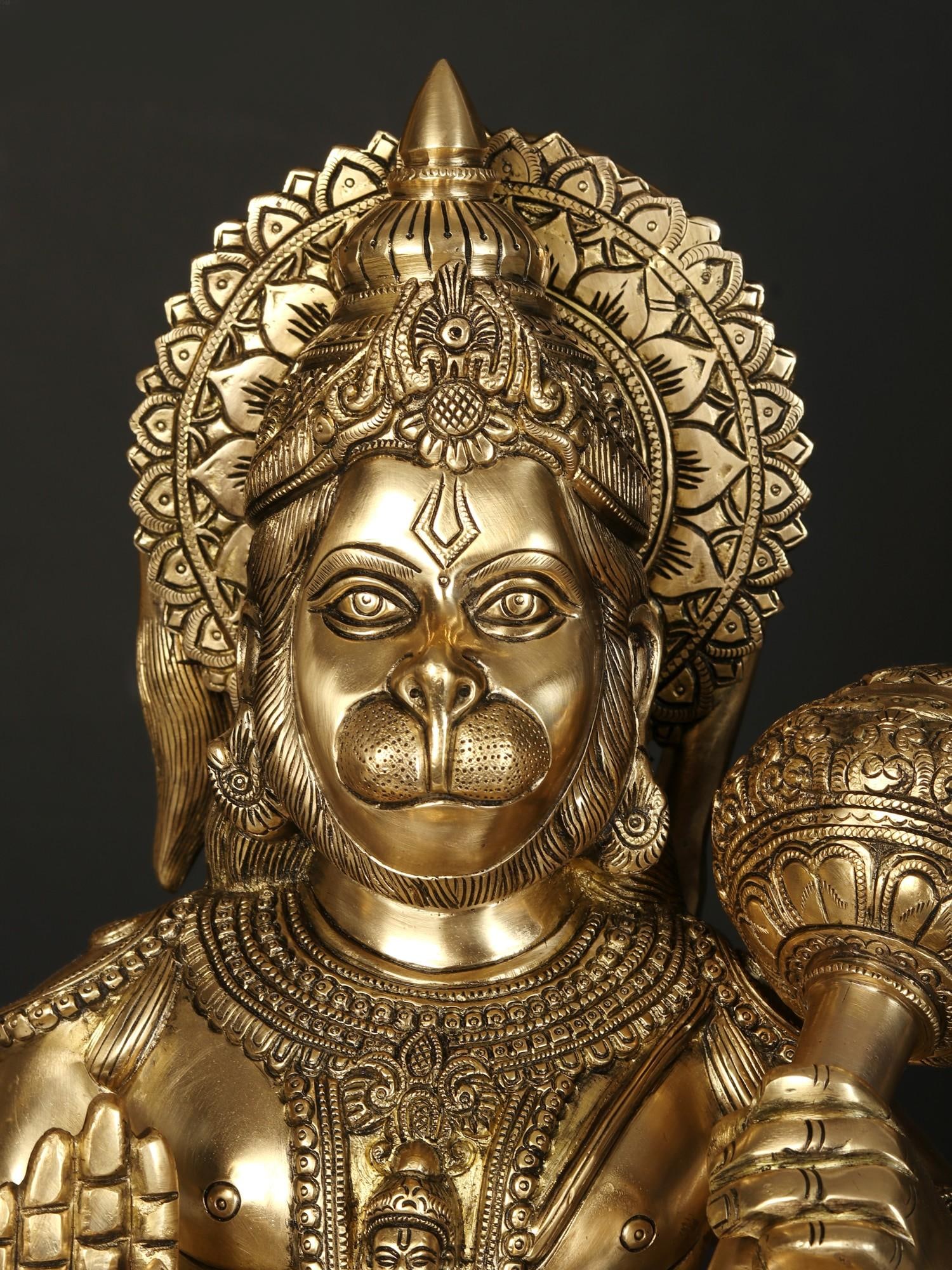 21" Sitting Lord Hanuman in Blessing Gesture | Brass Statue - 2