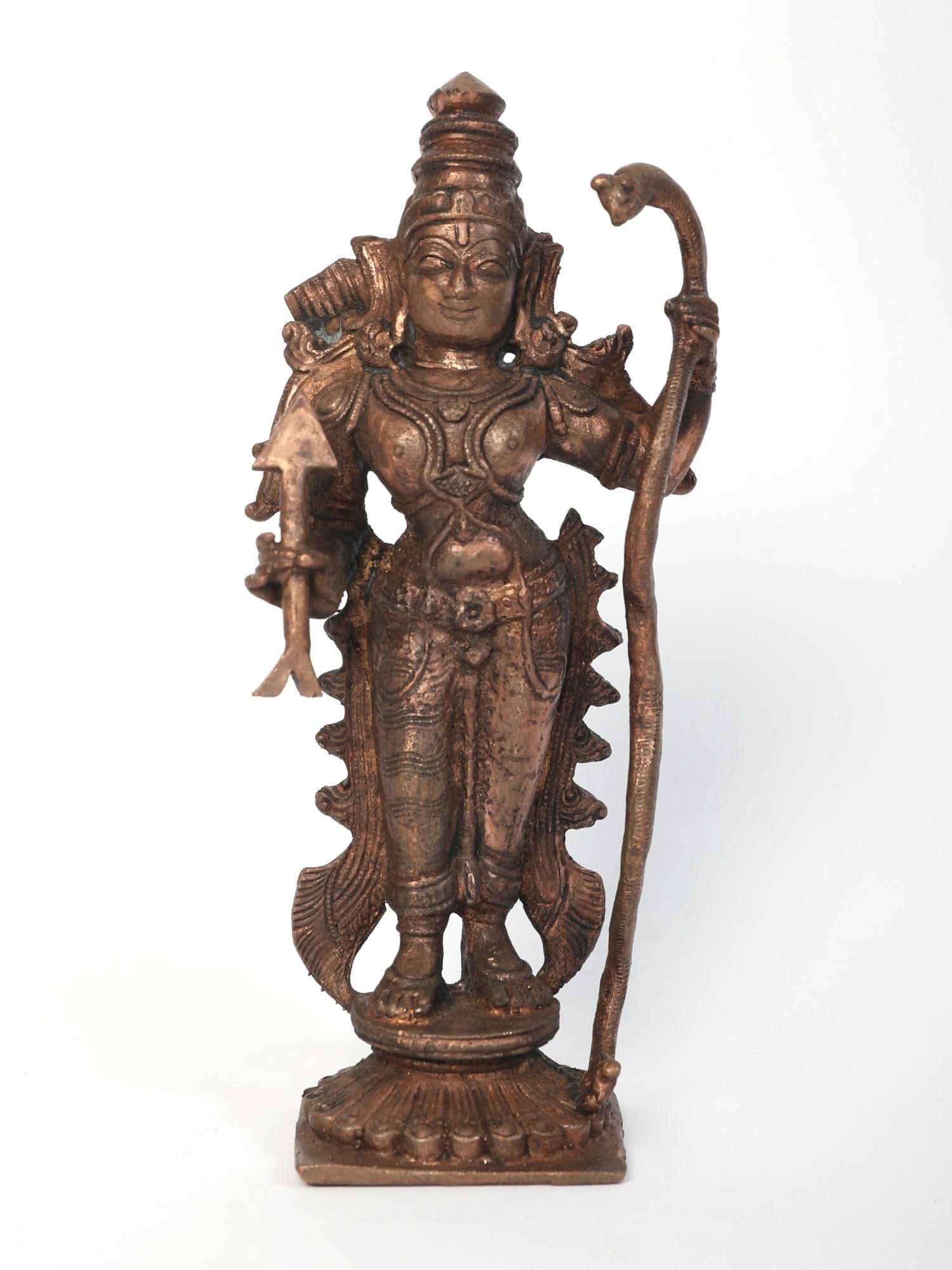 6" Small Shri Ramachandra Bhagawan Copper Statue: Title: 6" Small Shri Ramachandra Bhagawan Copper Statue Description: The Small Shri Ramachandra Bhagawan Copper Statue is a testament to the thoughtfulness and glory of Lord Rama , the hero of Treta Y