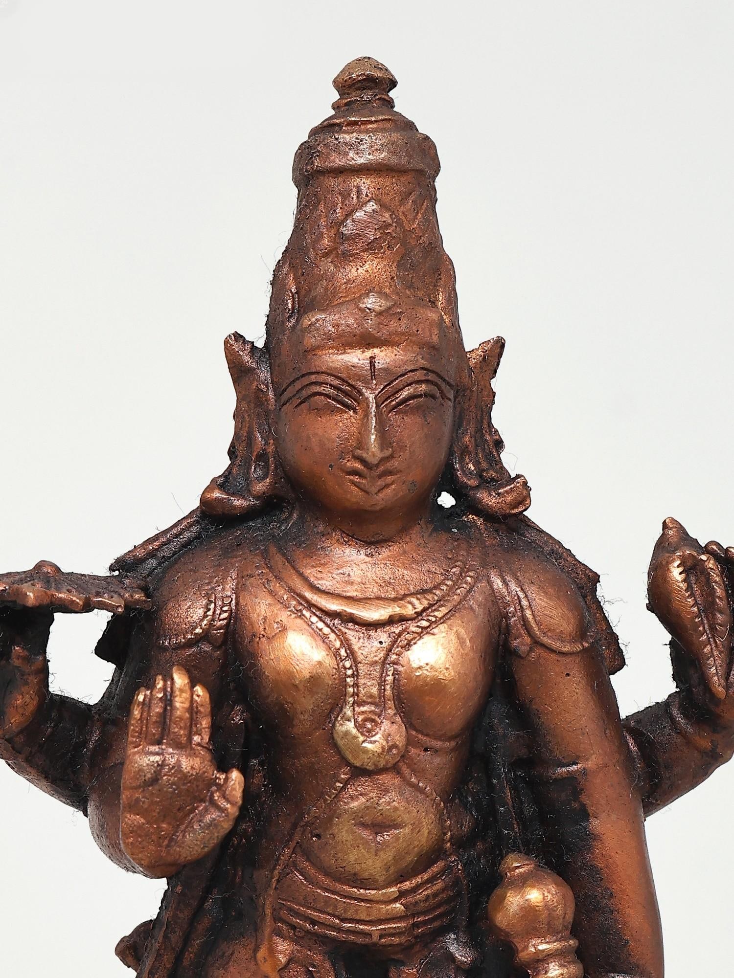 6" Small Standing Lord Vishnu in Blessing Gesture Copper Statue - 2