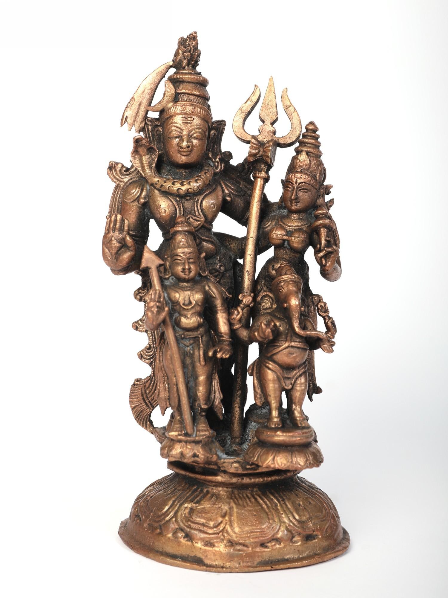 7" Shiva Family Copper Statue: Title: 7" Shiva Family Copper Statue Description: The Shiva family or Shiva Parivar is the symbol of familial bliss. The display of this image is often associated with propagating the concept of a har