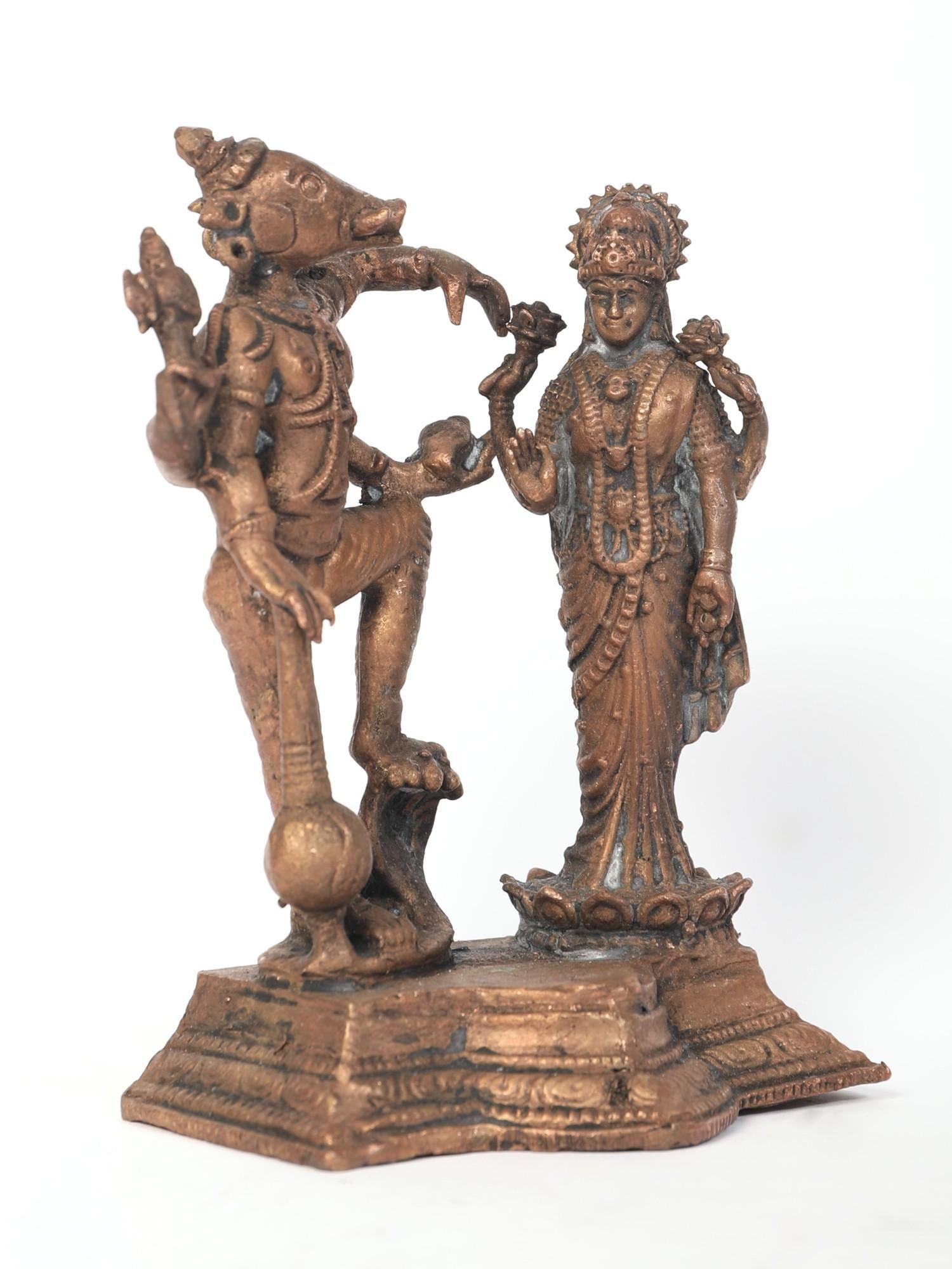 4" Small Standing Lord Varaha and Devi Lakshmi Copper Statue - 2