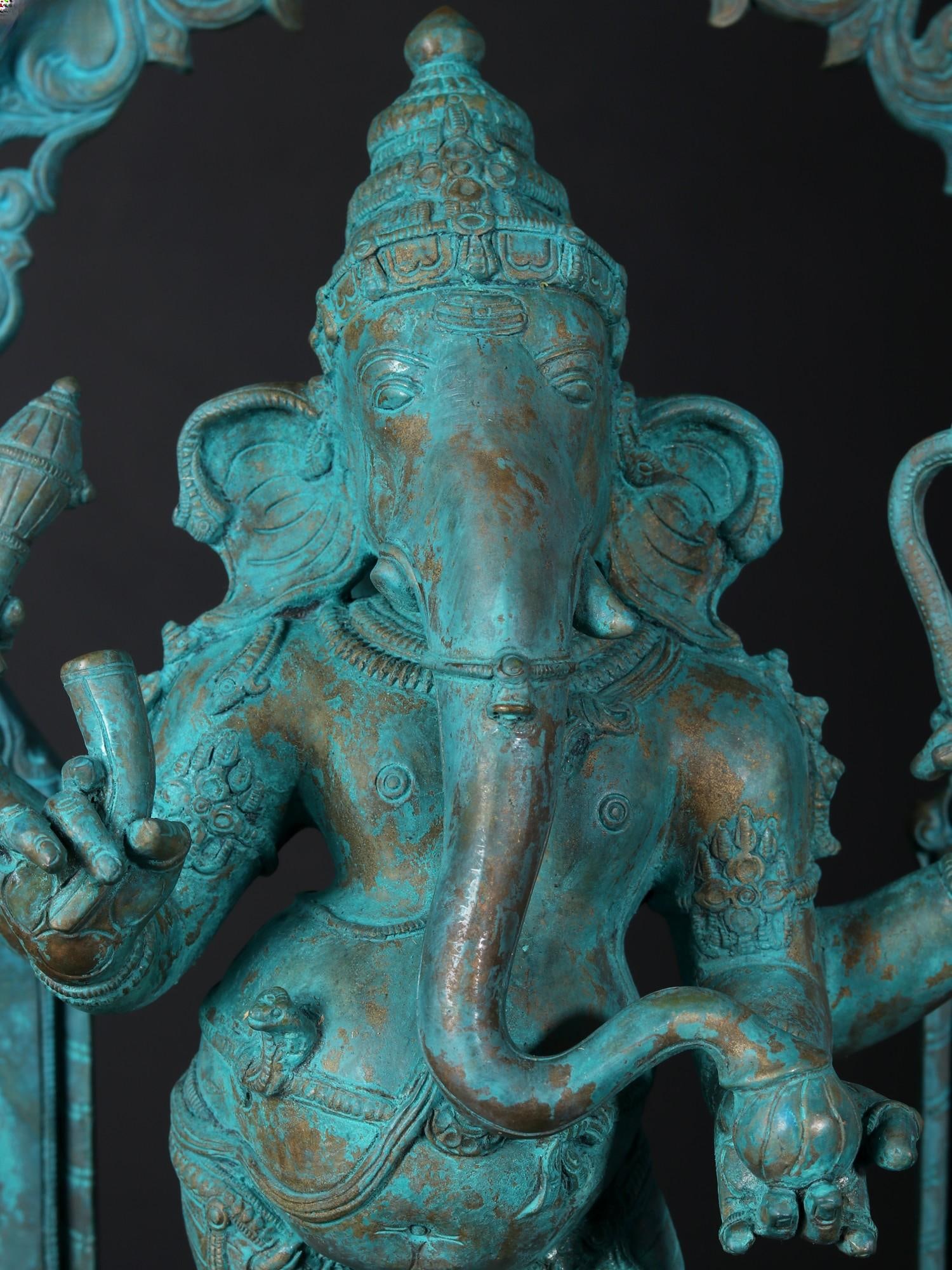 24" Chaturbhuja Lord Ganesha with Kirtimukha Arch | Bronze Statue - 2