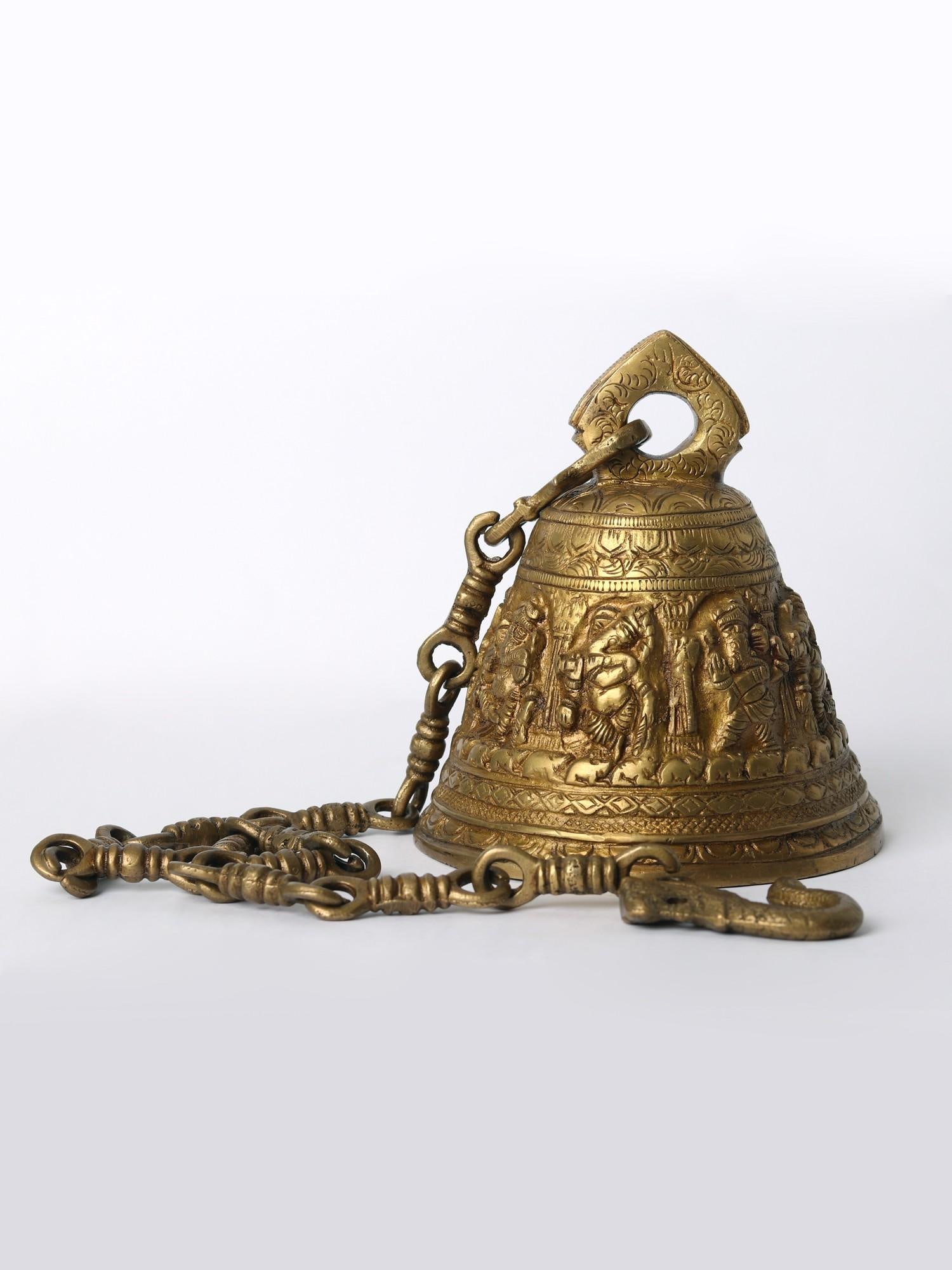 6" Brass Floral Bell Of Lord Ganapati Bell For Temple With Chain: Title: 6" Brass Floral Bell Of Lord Ganapati Bell For Temple With Chain Description: Additional Information: Brass Statues Reserve: $212.00 Shipping: Domestic: Flat-rate of $24.00 to anywhere within t