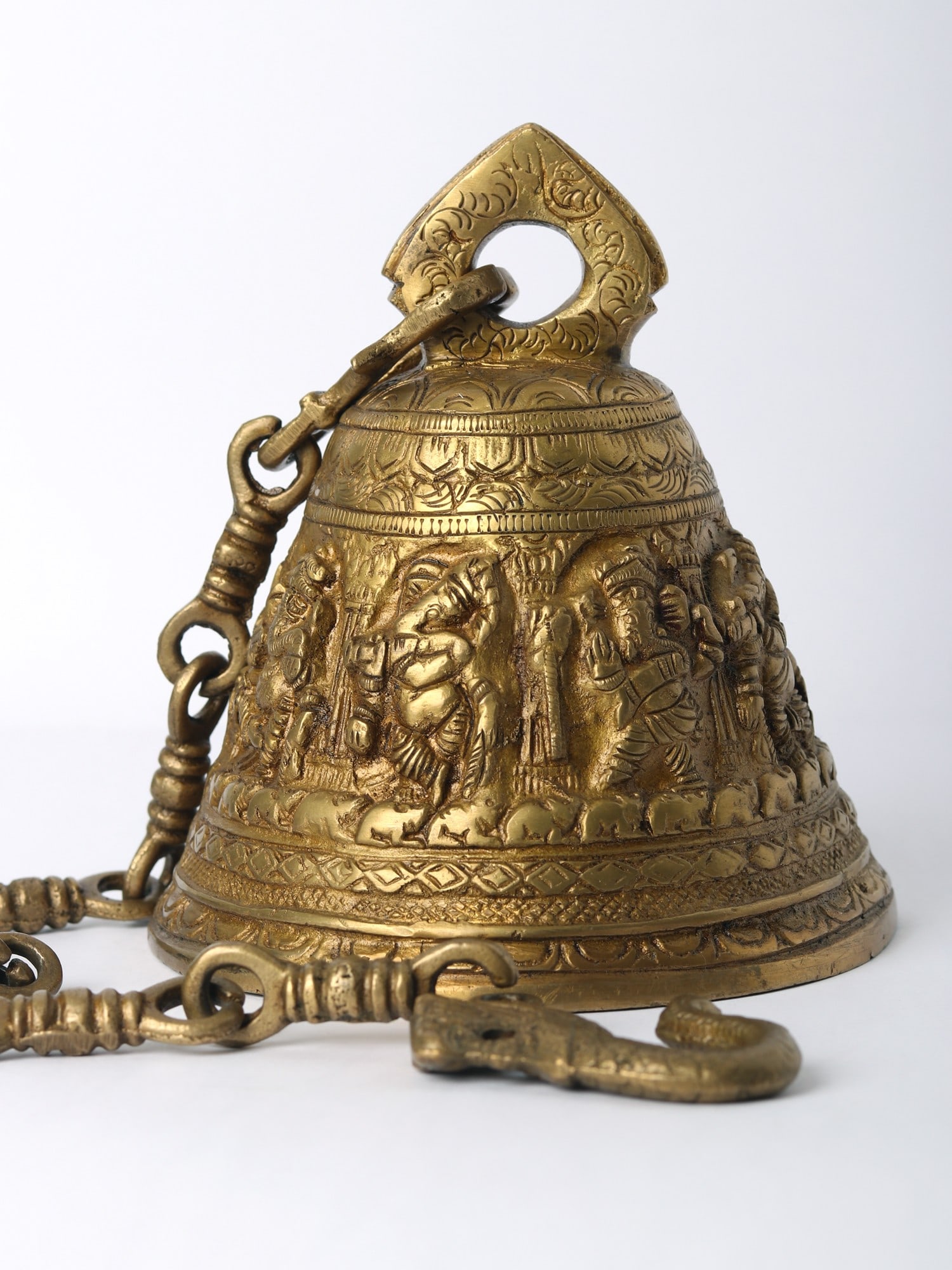 6" Brass Floral Bell Of Lord Ganapati Bell For Temple With Chain - 2
