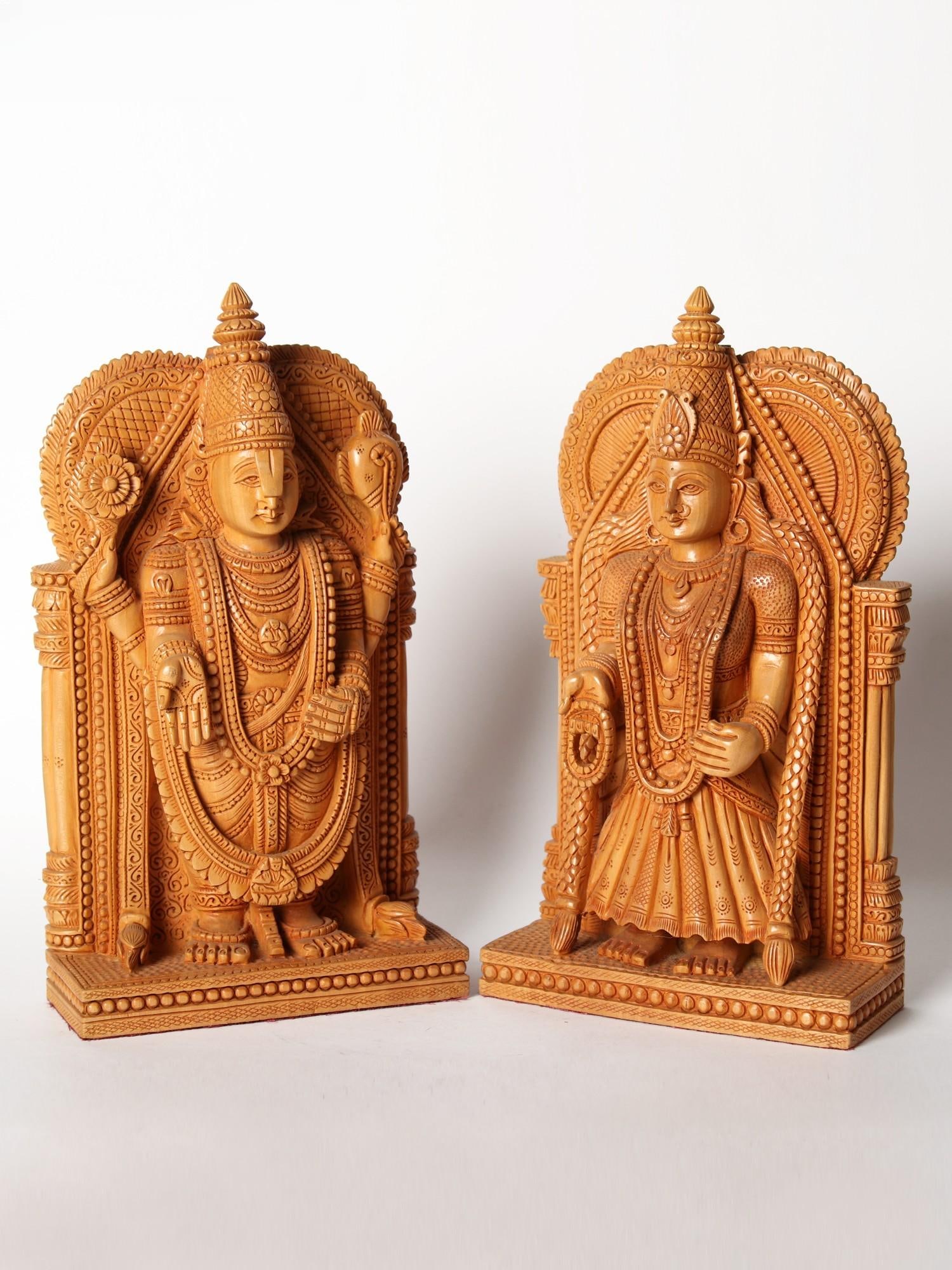 9" Wood Lord Tirupati Balaji And Goddess Padmavati - Set Of 2 - 2