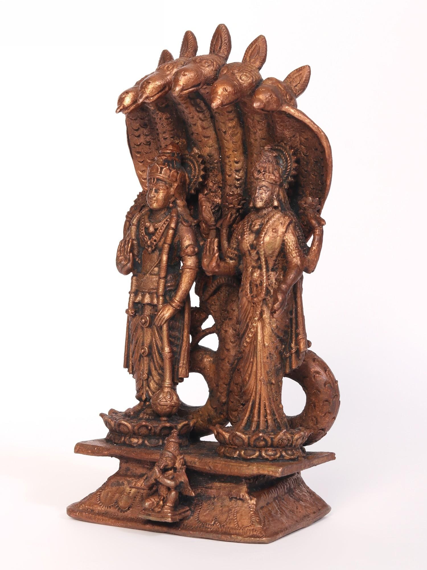 6" Small Standing Vishnu Lakshmi Copper Idol Protected by Sheshnag - 2