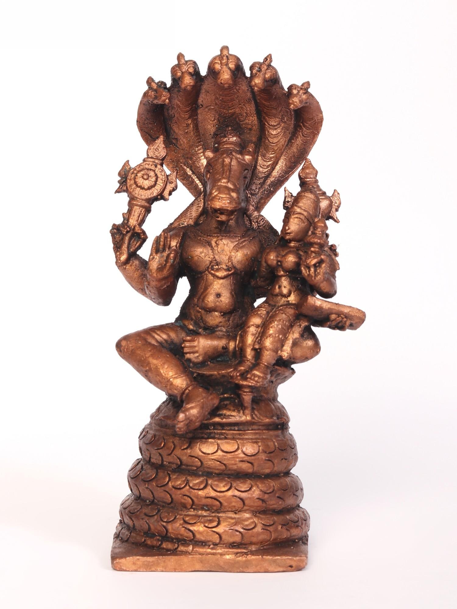 5" Lord Hayagreeva with Devi Lakshmi Seated on Sheshnag | Copper Statue: Title: 5" Lord Hayagreeva with Devi Lakshmi Seated on Sheshnag | Copper Statue Description: The ruling deity of wisdom, Lord Hayagriva, is one of Lord Vishnu's avatars. Everything that is learned or k