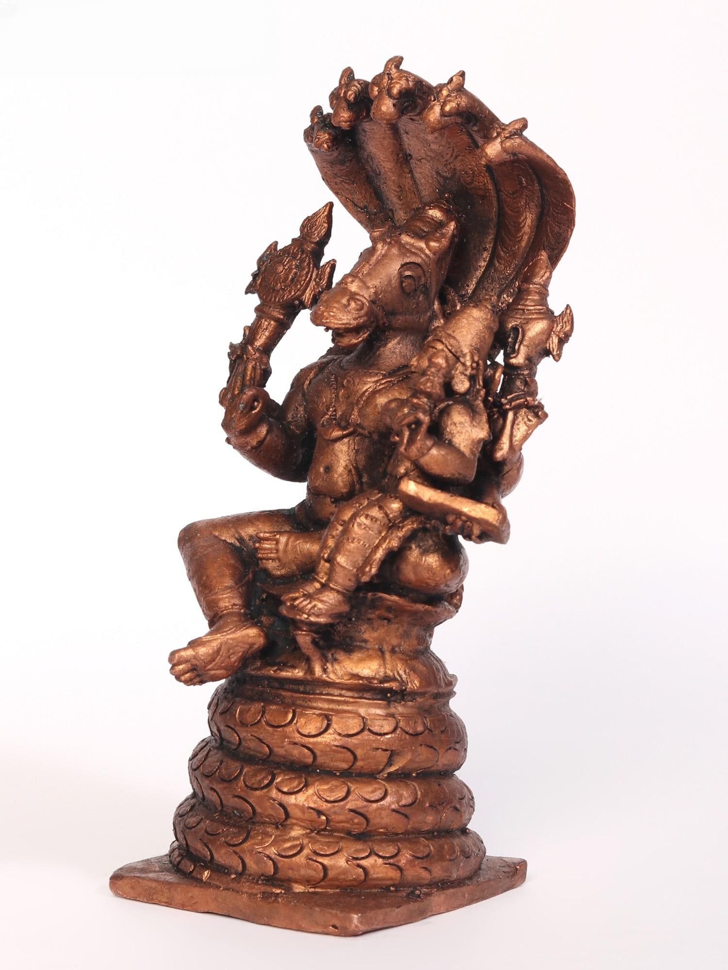 5" Lord Hayagreeva with Devi Lakshmi Seated on Sheshnag | Copper Statue - 2
