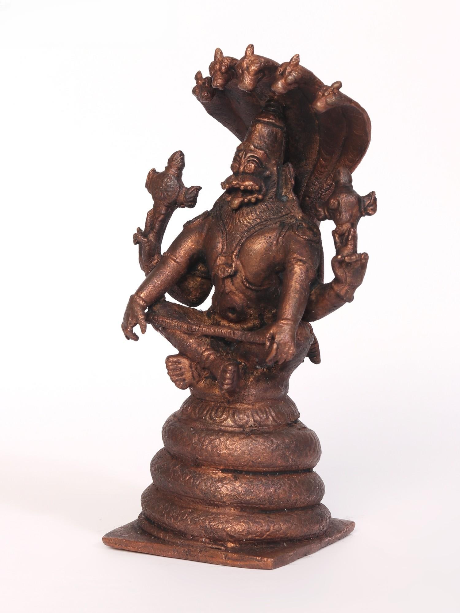 5" Yoga Narasimha Idol Seated on Sheshnag | Copper Statue - 2