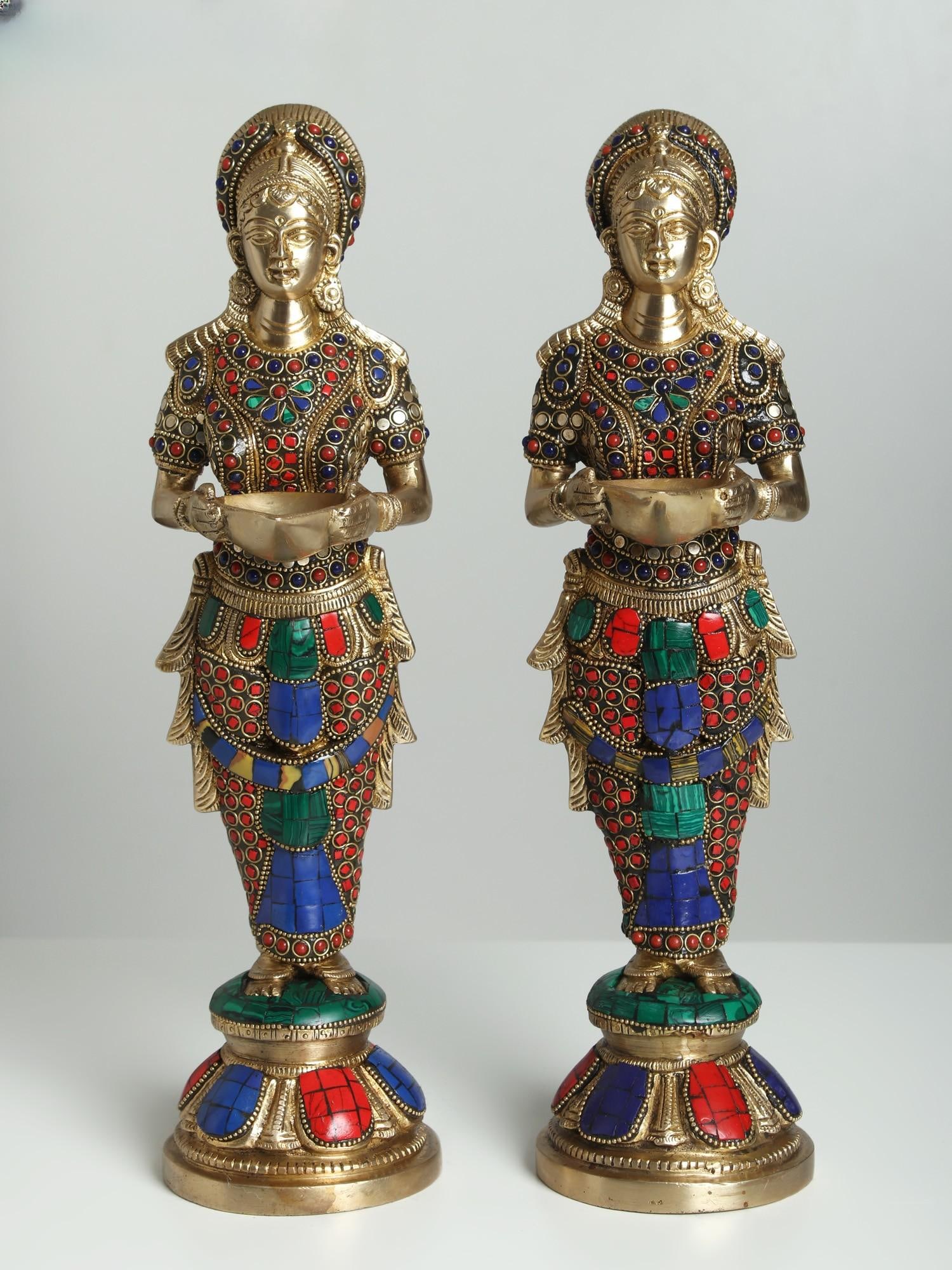 14" Pair of Deep Lakshmi Brass Statues with Inlay Work: Title: 14" Pair of Deep Lakshmi Brass Statues with Inlay Work Description: Deep Lakshmi is the name of a traditional Indian lamp depicting a lady holding a lamp. The lamp's light is said to drive off 