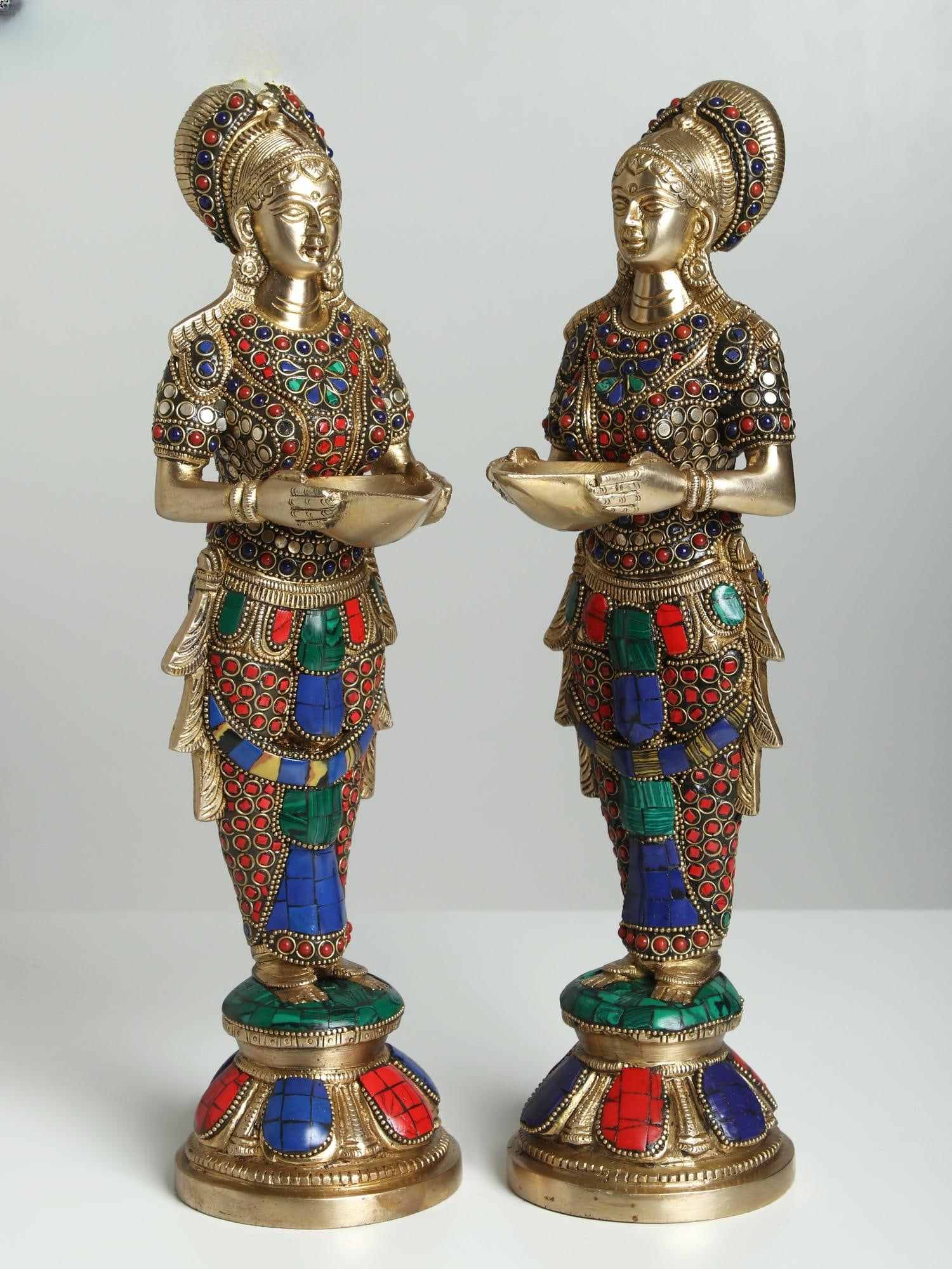 14" Pair of Deep Lakshmi Brass Statues with Inlay Work - 2