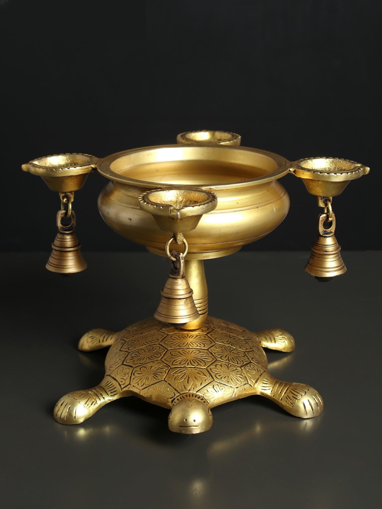 11" Brass Four Wicks Urli Lamp with Bells on Tortoise Back (1 of 2)